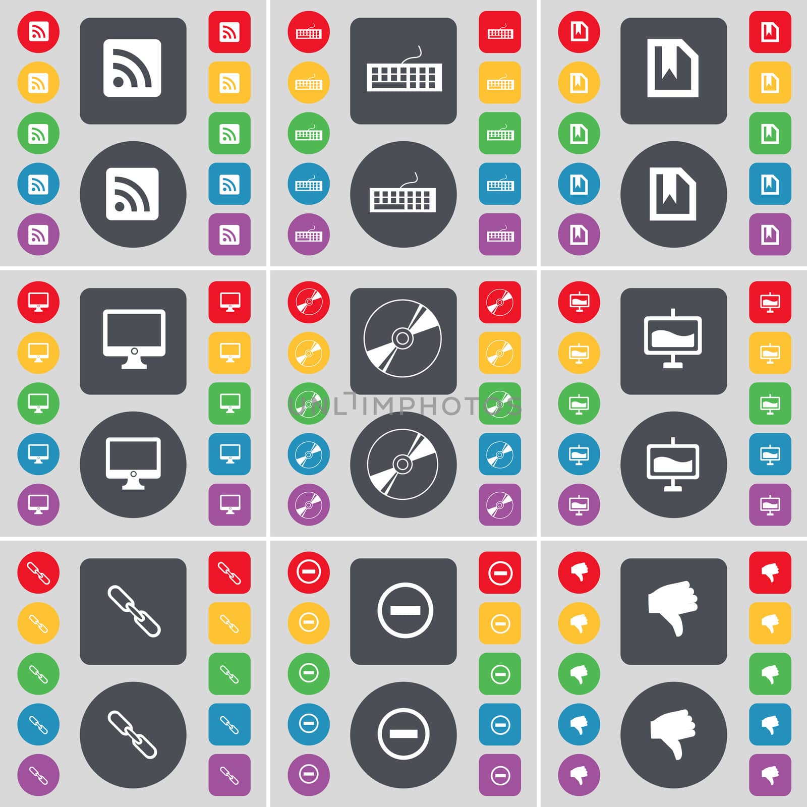 RSS, Keyboard, File, Monitor, Disk, Graph, Link, Minus, Dislike icon symbol. A large set of flat, colored buttons for your design. illustration