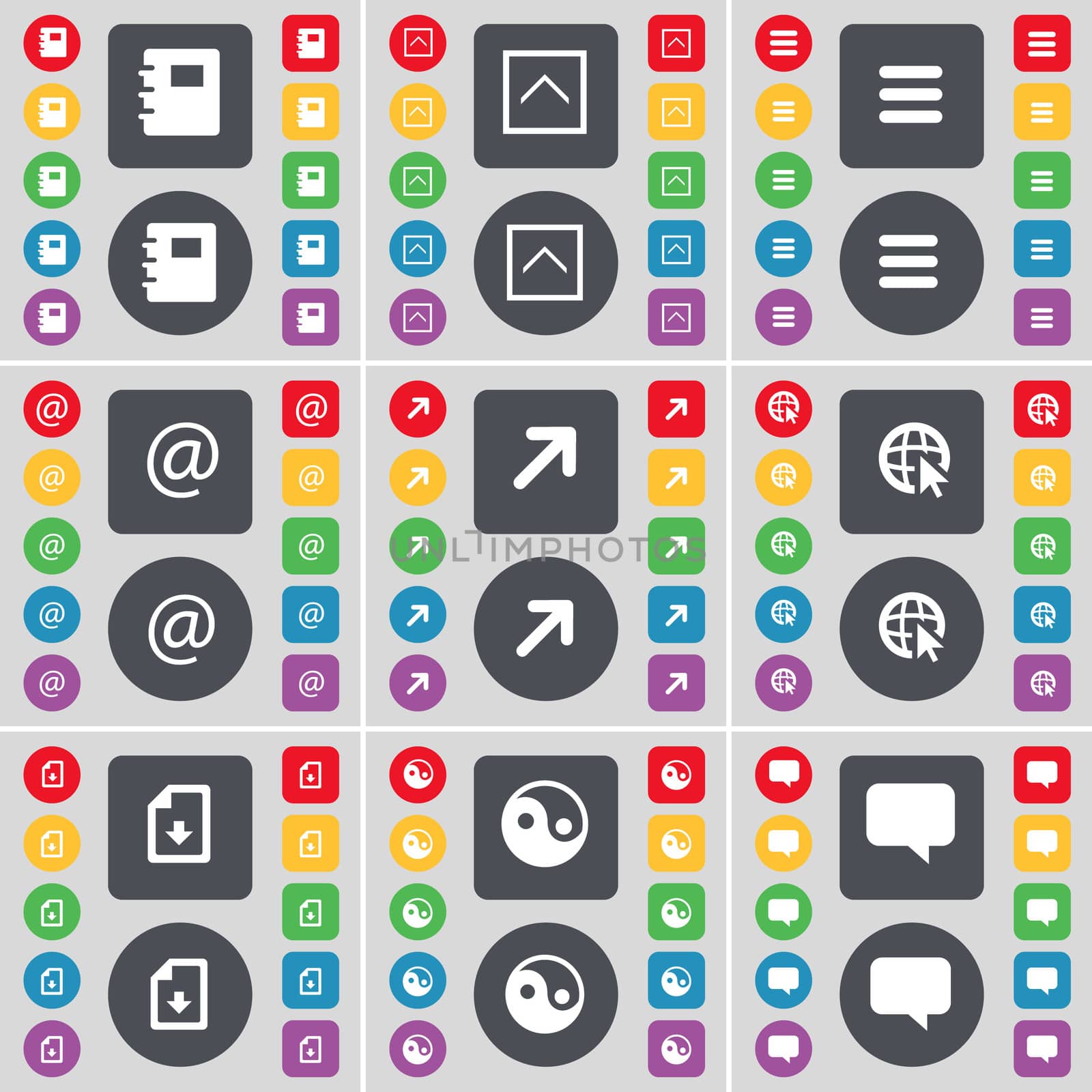Notebook, Arrow up, Apps, Mail, Full screen, Web cursor, Download file, Yin-Yang, Chat bubble icon symbol. A large set of flat, colored buttons for your design.  by serhii_lohvyniuk