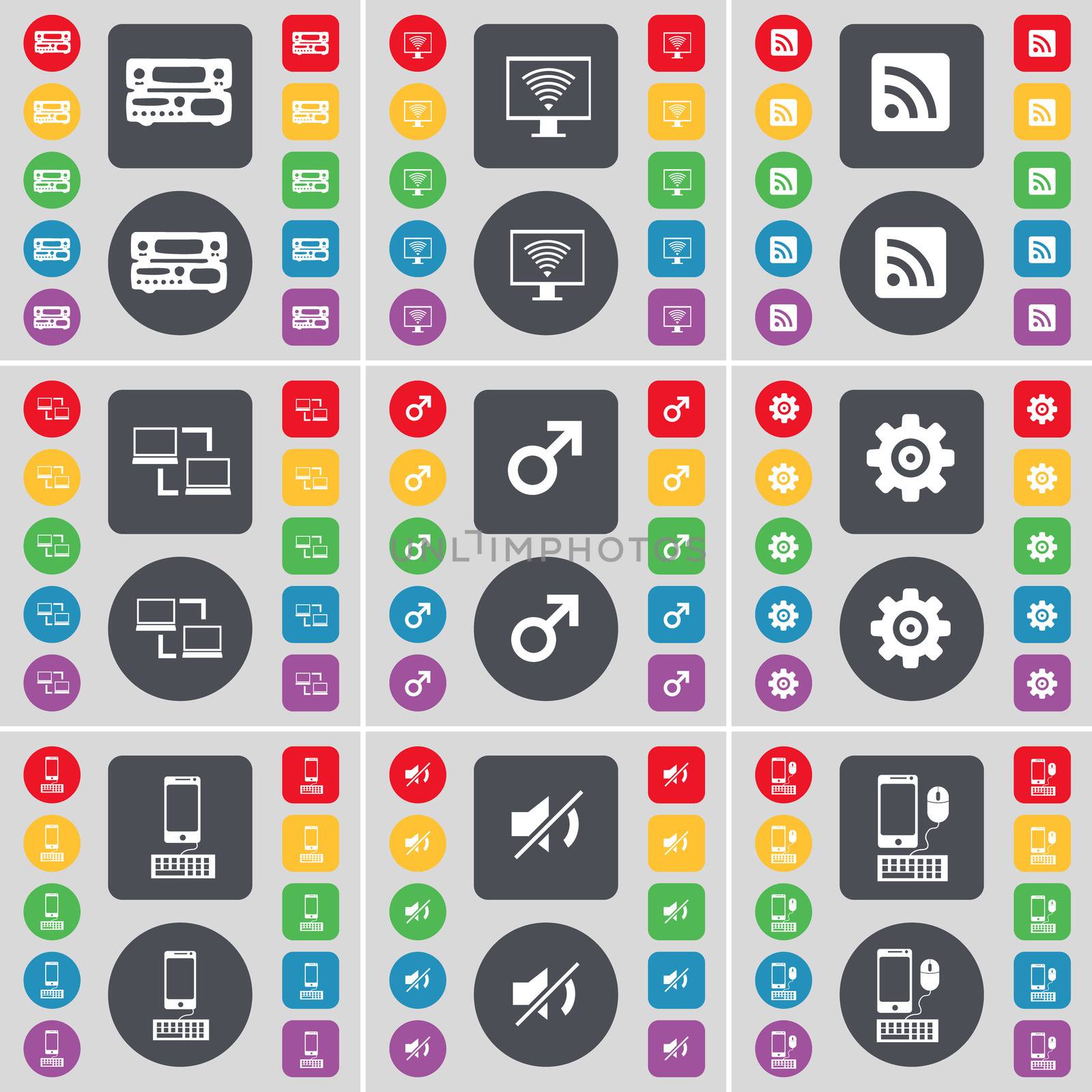 Record-player, Monitor, RSS, Connection, Mars symbol, Gear, Smartphone, Mute icon symbol. A large set of flat, colored buttons for your design. illustration