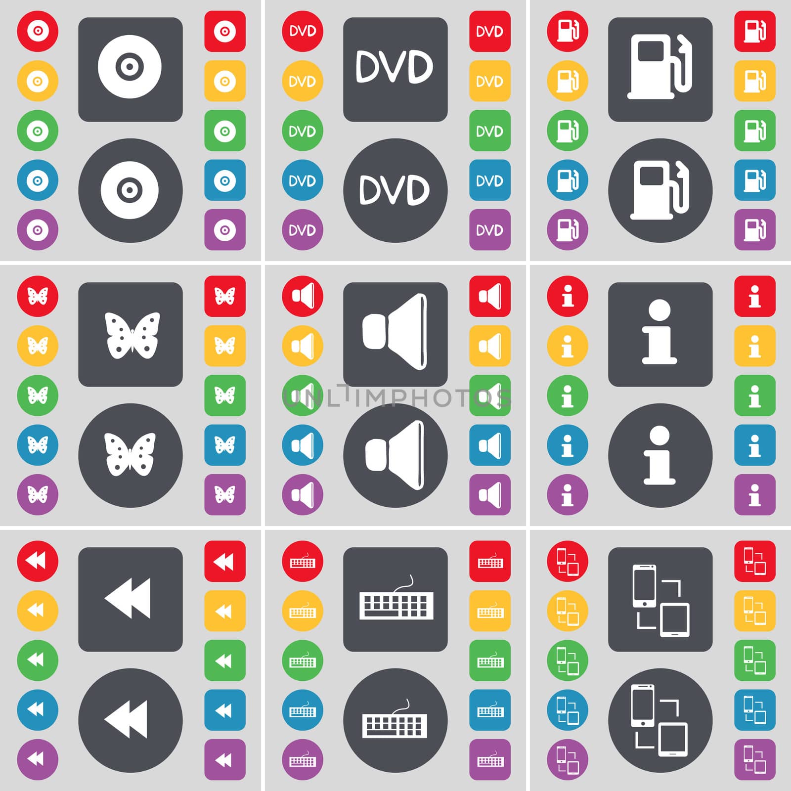 Disk, DVD, Gas station, Butterfly, Sound, Information, Rewind, Keyboard, Connection icon symbol. A large set of flat, colored buttons for your design. illustration