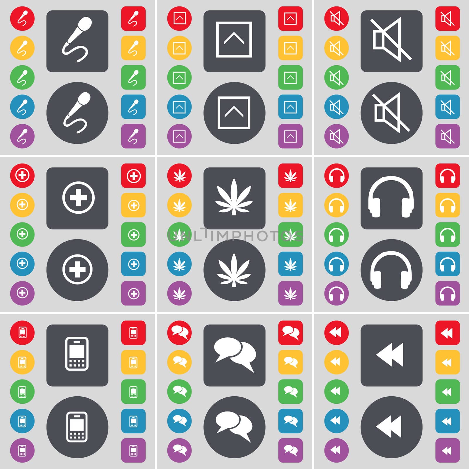 Microphone, Arrow up, Mute, Plus, Marijuana, Headphones, Mobile phone, Chat, Rewind icon symbol. A large set of flat, colored buttons for your design. illustration