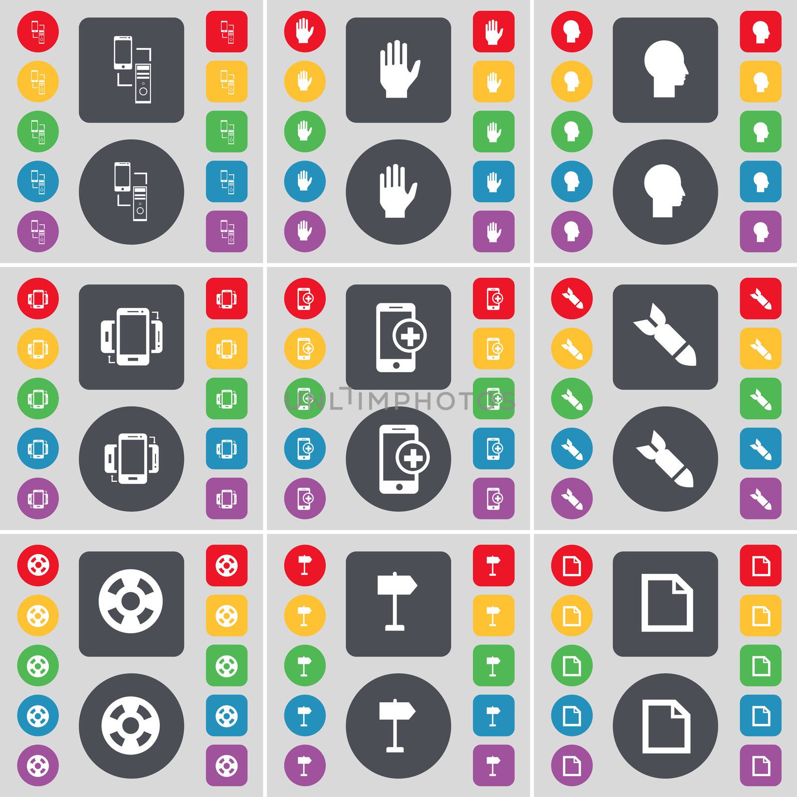 Connection, Hand, Silhouette, Smartphone, Rocket, Videotape, Signpost, File icon symbol. A large set of flat, colored buttons for your design.  by serhii_lohvyniuk