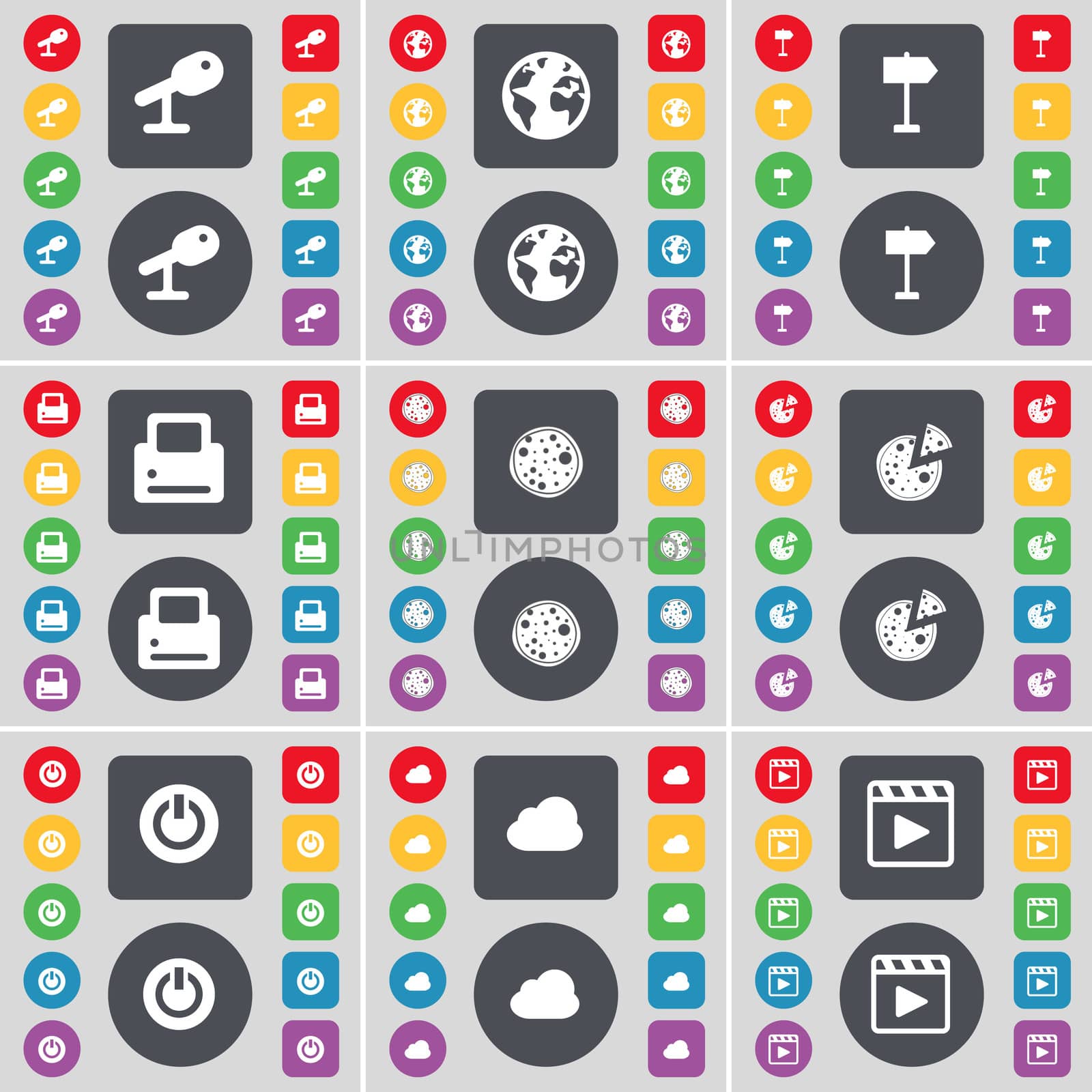 Microphone, Earth, Signpost, Printer, Pizza, Power, Cloud, Media player icon symbol. A large set of flat, colored buttons for your design. illustration