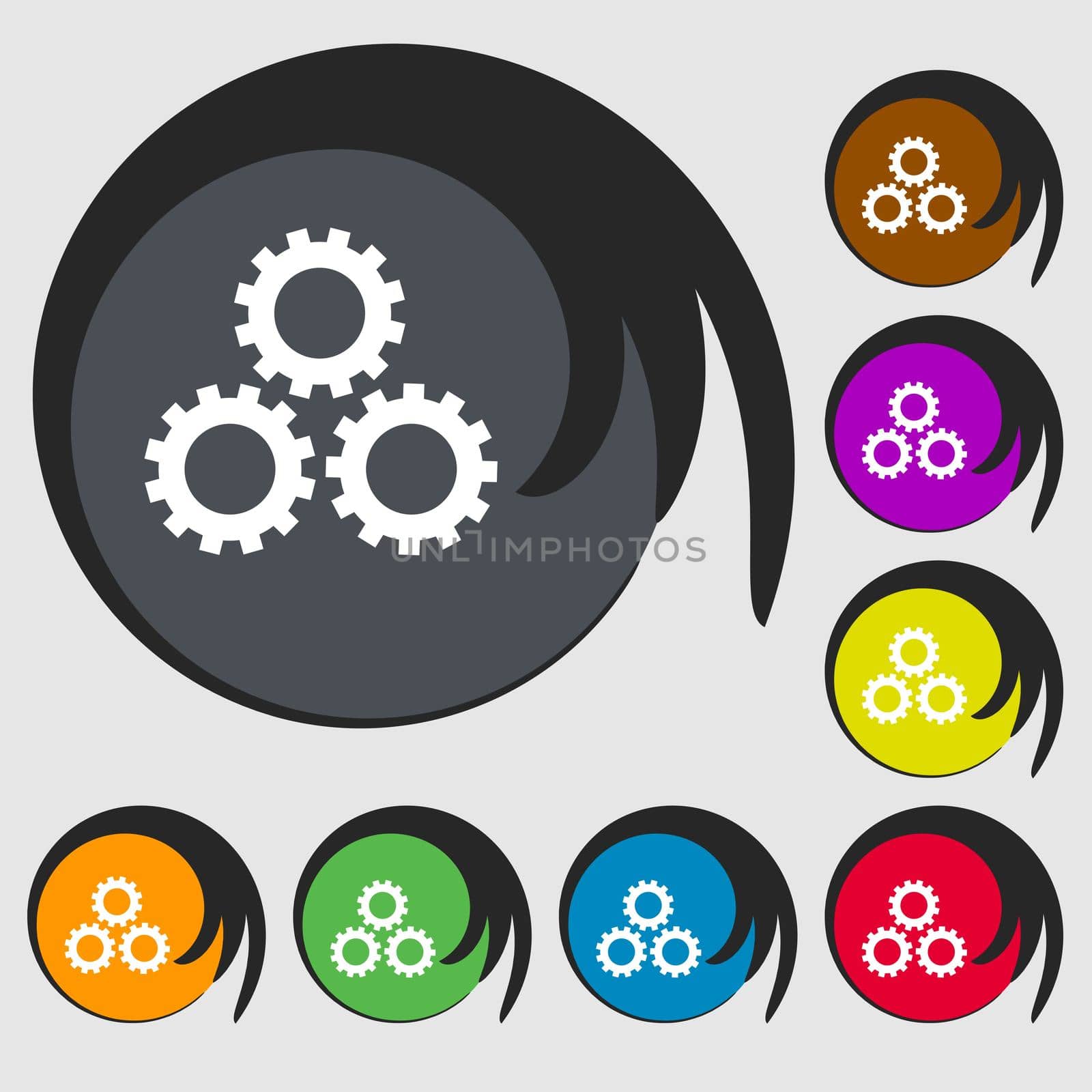 Cog settings sign icon. Cogwheel gear mechanism symbol. Symbols on eight colored buttons.  by serhii_lohvyniuk