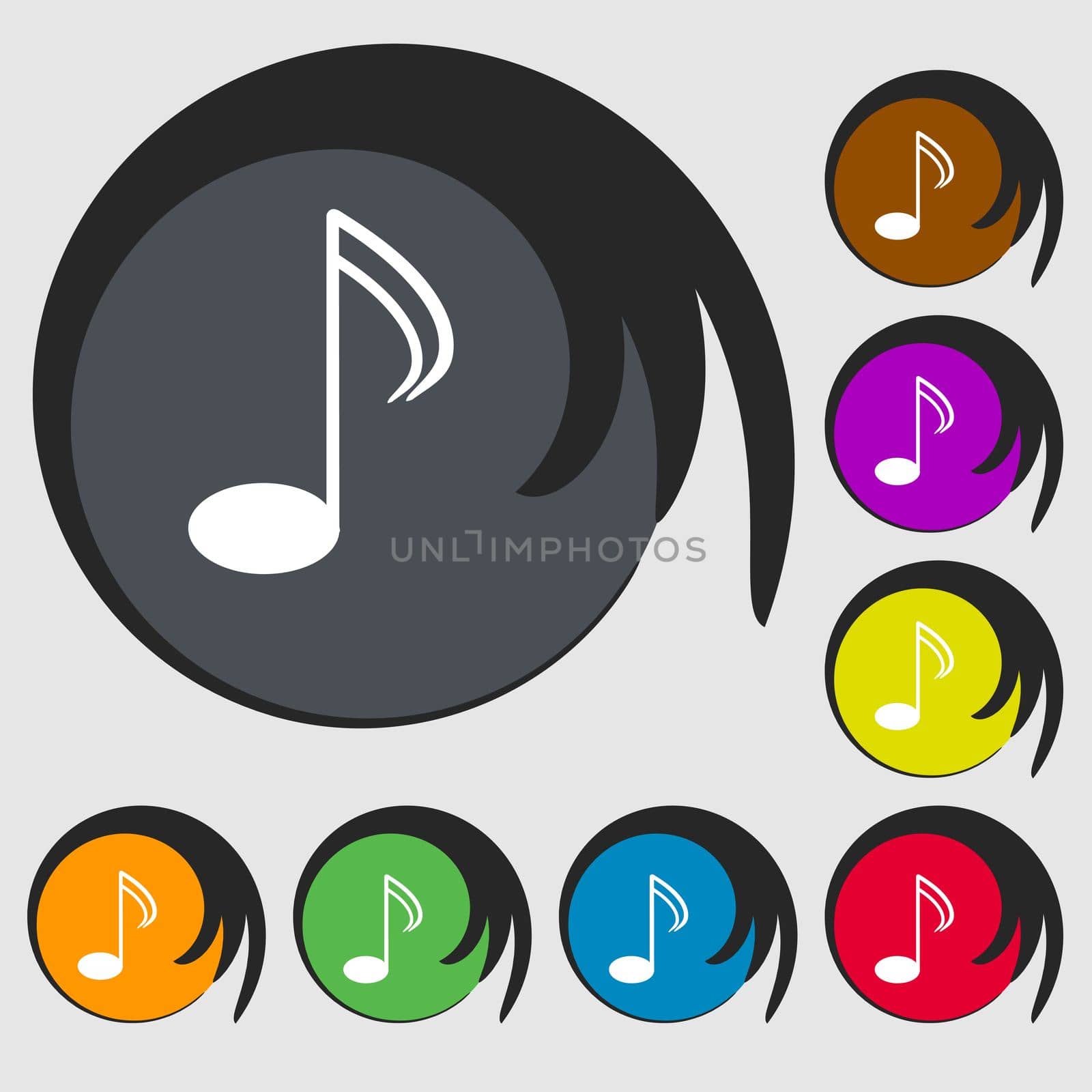 Music note sign icon. Musical symbol. Symbols on eight colored buttons. illustration