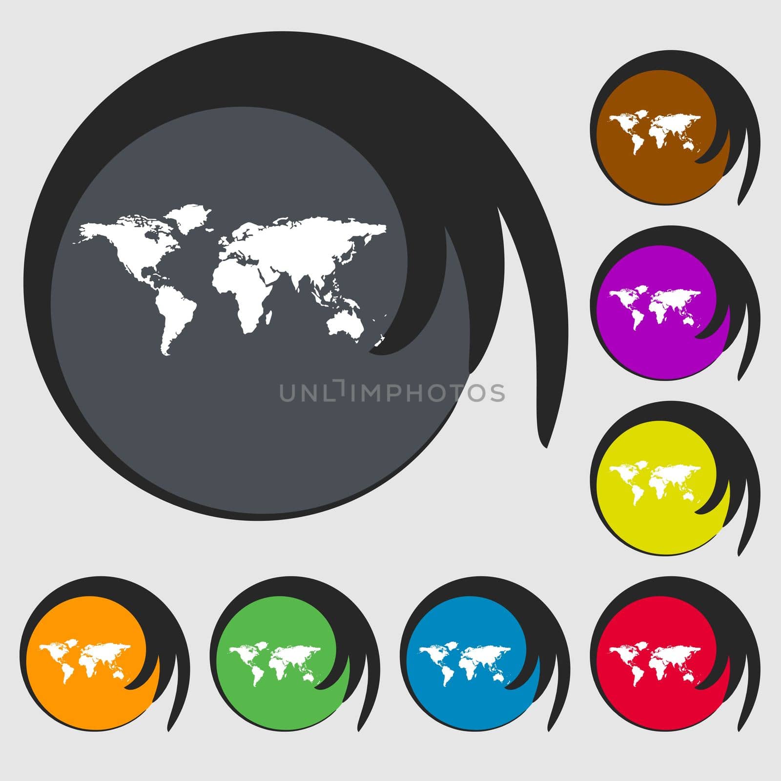 Globe sign icon. World map geography symbol. Symbols on eight colored buttons. illustration