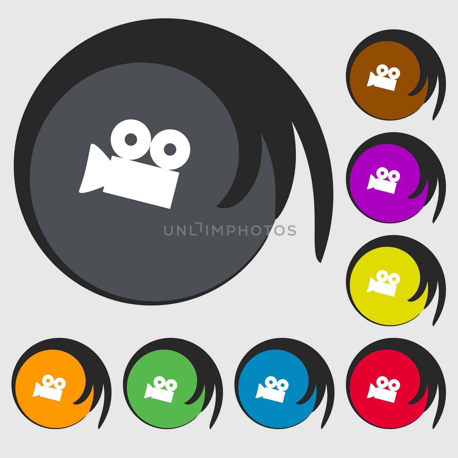 Video camera sign icon. content button. Symbols on eight colored buttons.  by serhii_lohvyniuk