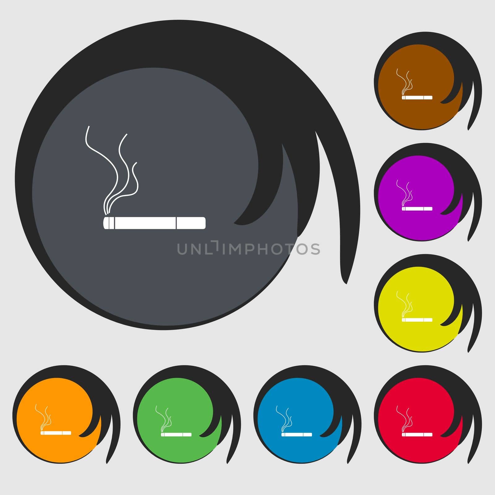 Smoking sign icon. Cigarette symbol. Symbols on eight colored buttons.  by serhii_lohvyniuk