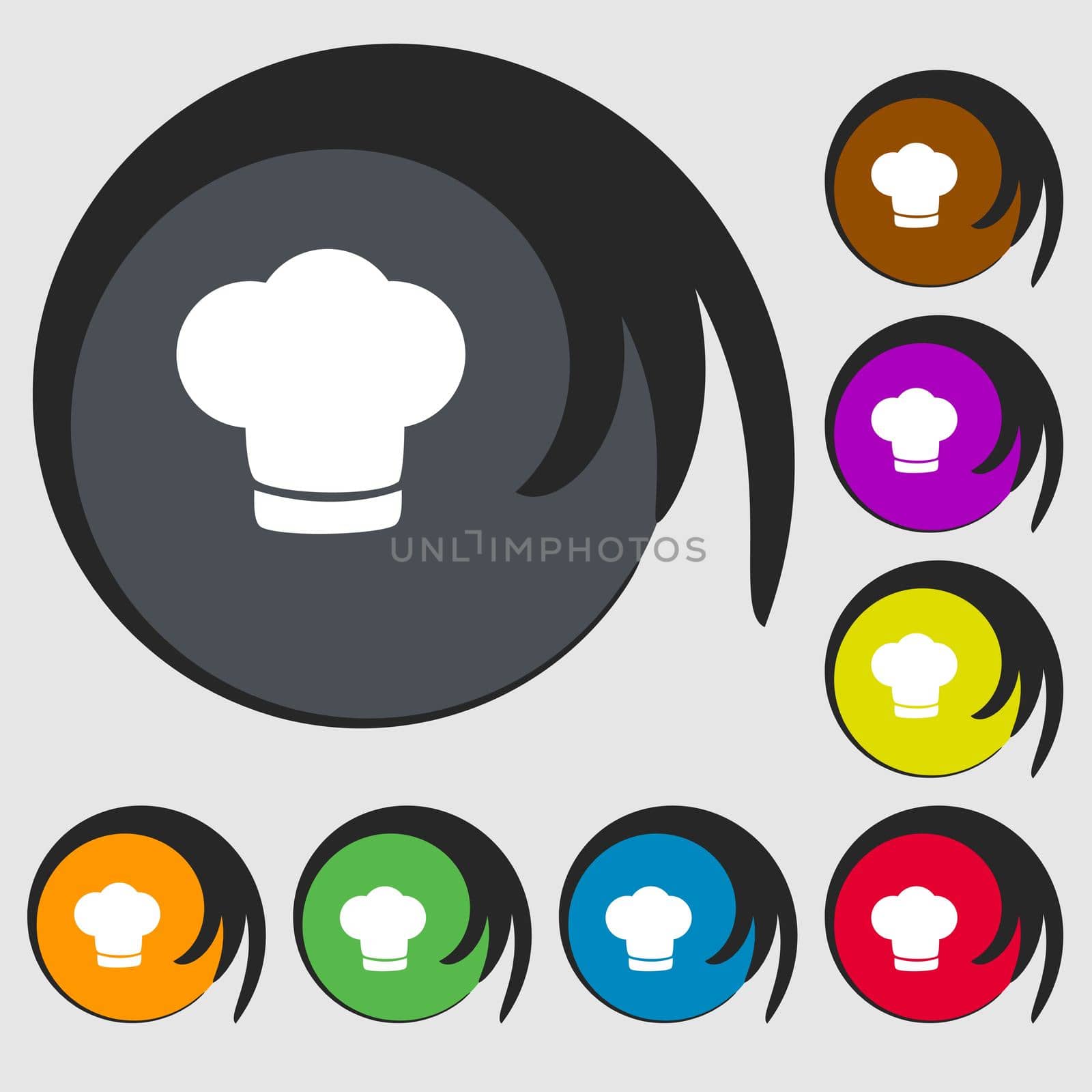 Chef hat sign icon. Cooking symbol. Cooks hat. Symbols on eight colored buttons.  by serhii_lohvyniuk