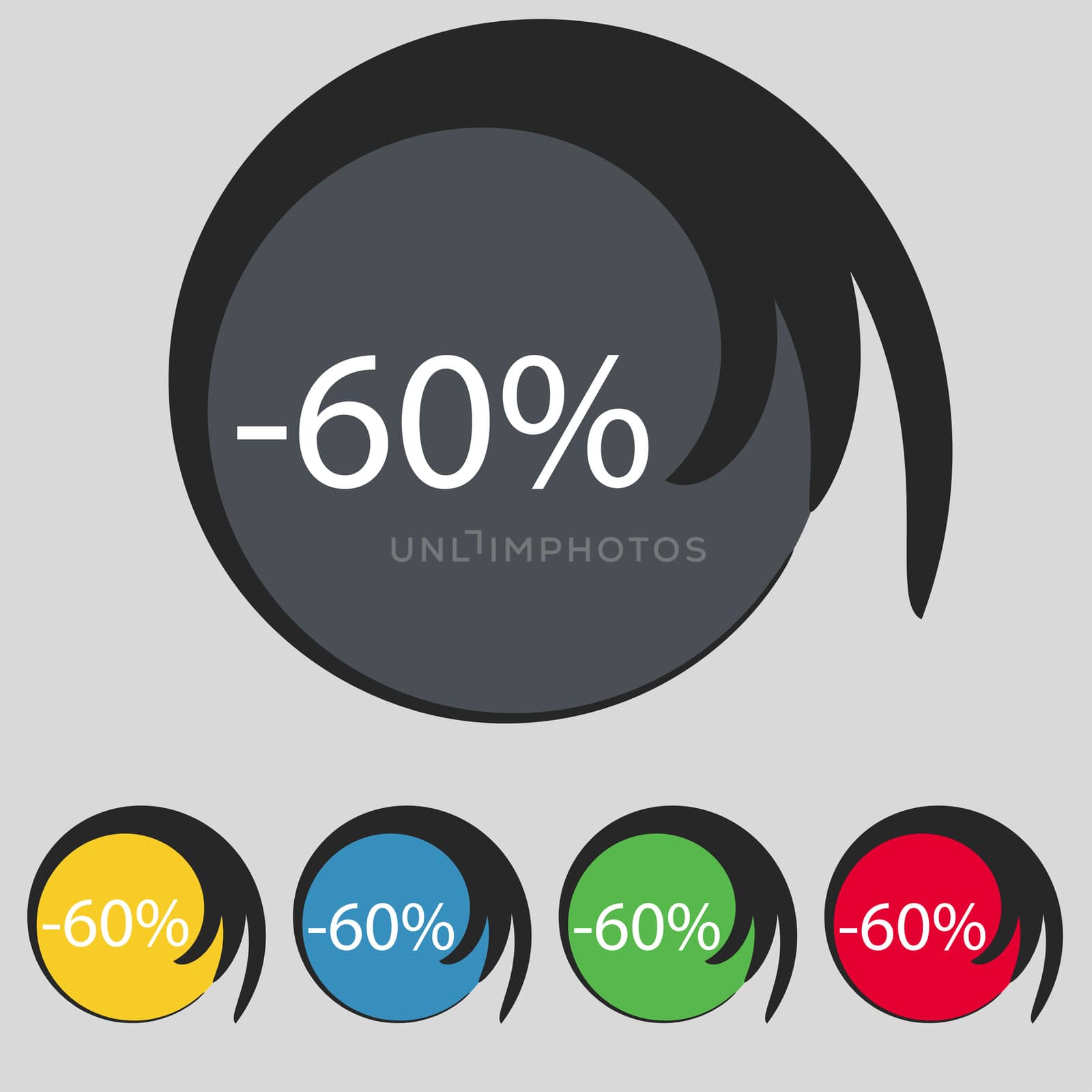 60 percent discount sign icon. Sale symbol. Special offer label. Set of colored buttons illustration