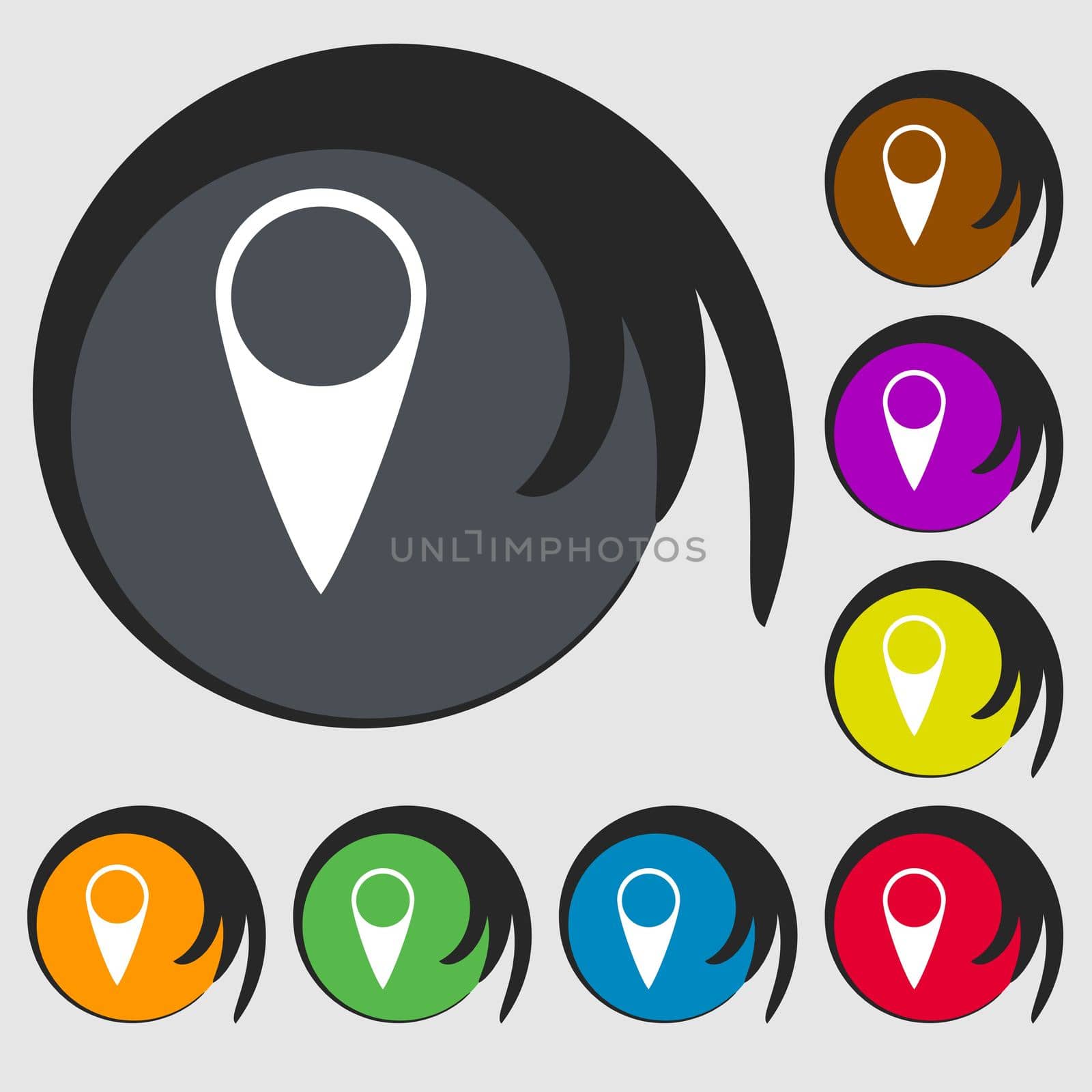 Map pointer icon. GPS location symbol. Symbols on eight colored buttons.  by serhii_lohvyniuk