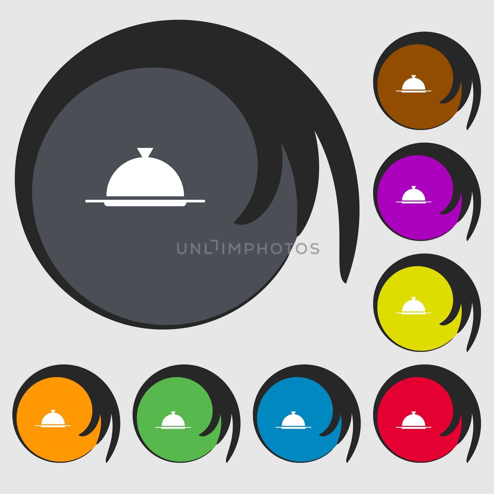 Food platter serving sign icon. Table setting in restaurant symbol. Symbols on eight colored buttons. illustration