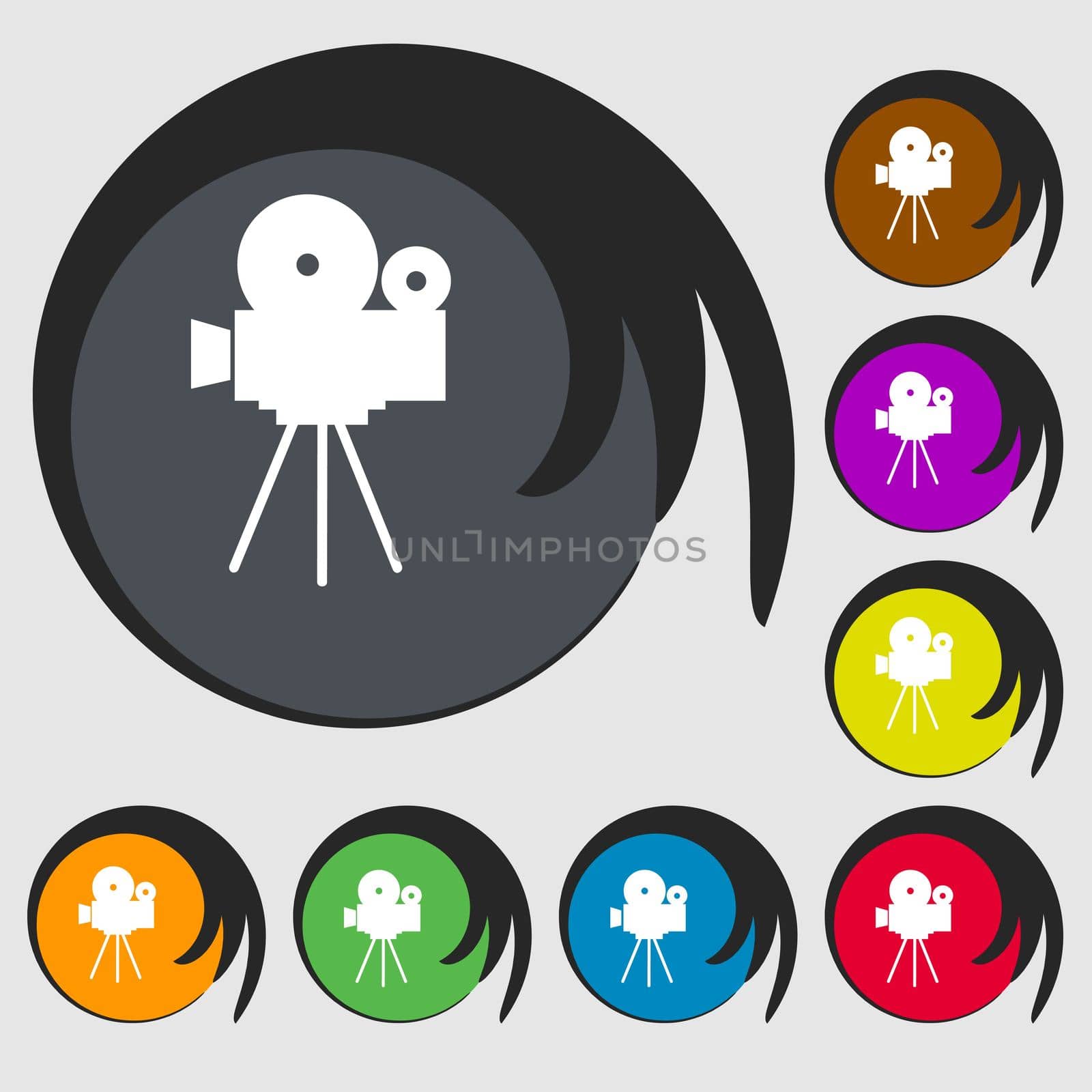Video camera sign icon.content button. Symbols on eight colored buttons. illustration
