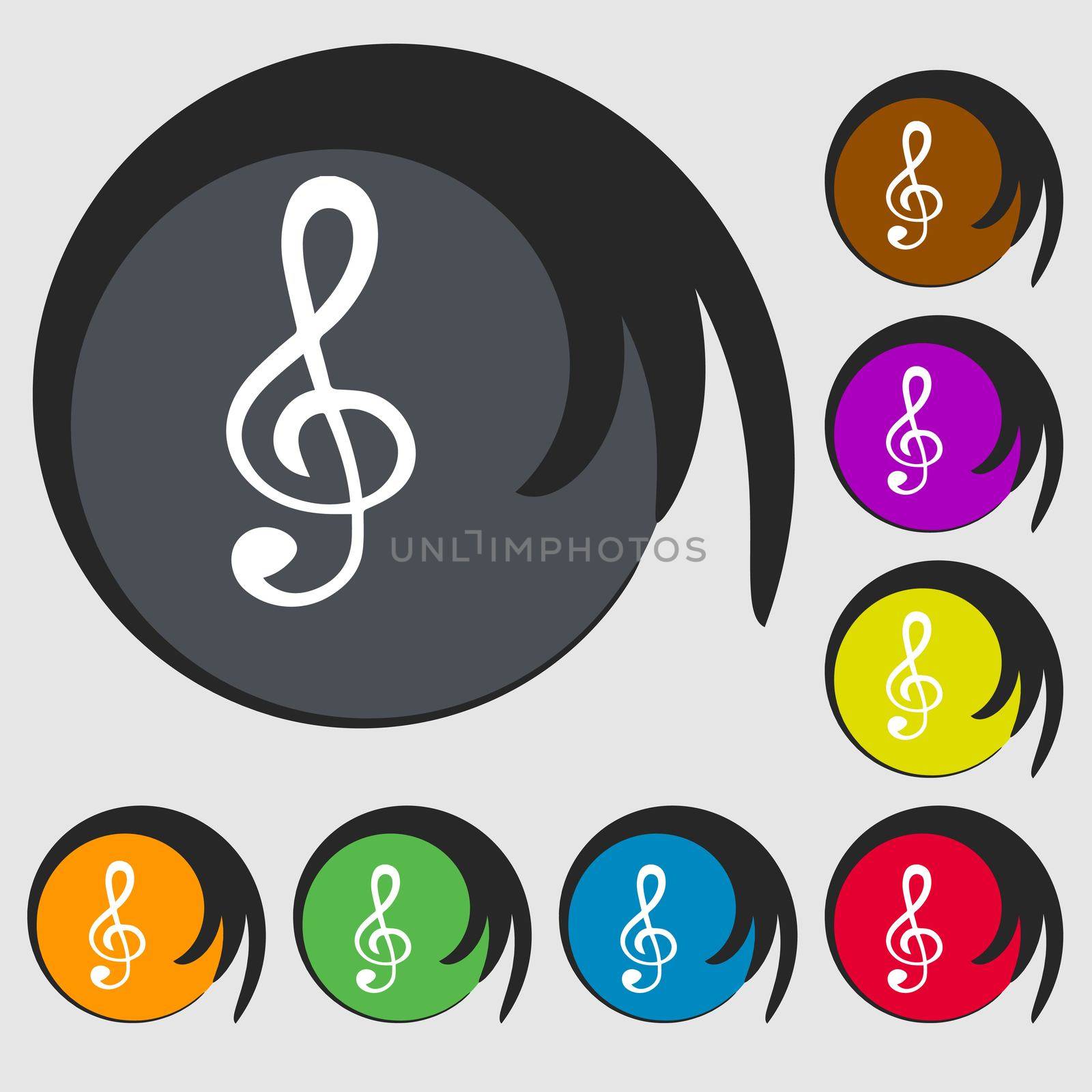 treble clef icon. Symbols on eight colored buttons. illustration