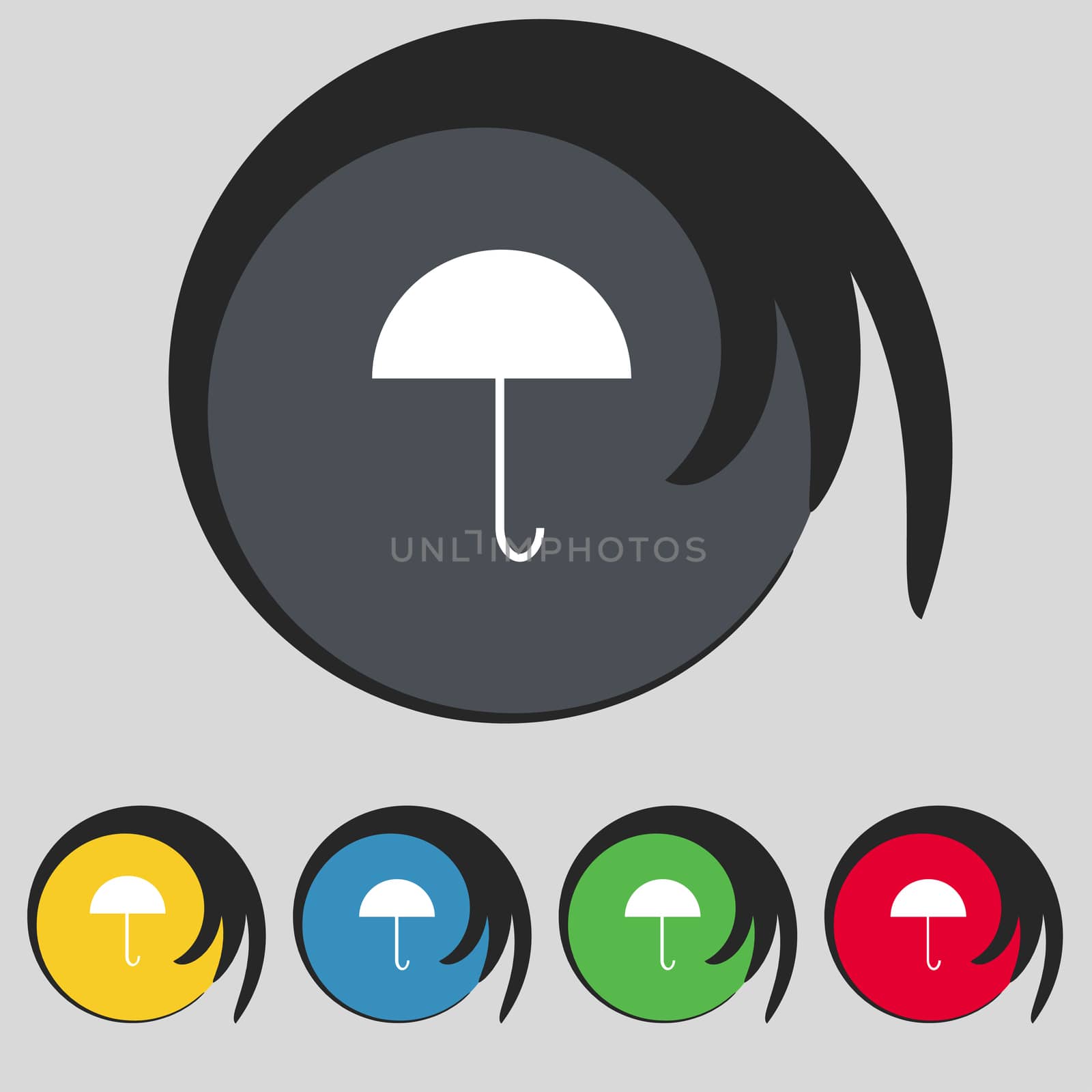 Umbrella sign icon. Rain protection symbol. Set colourful buttons.  by serhii_lohvyniuk