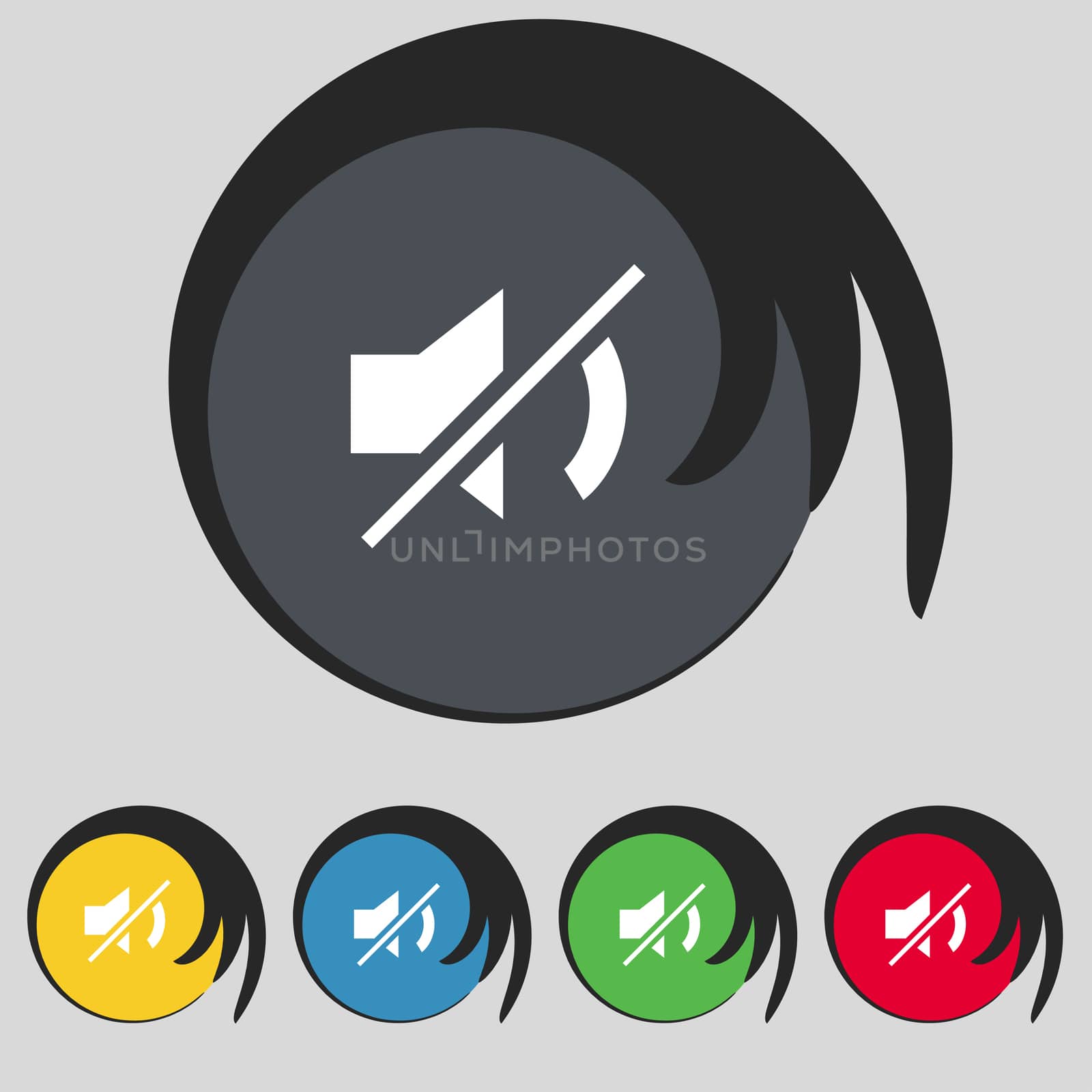 Mute speaker sign icon. Sound symbol. Set colourful buttons. illustration