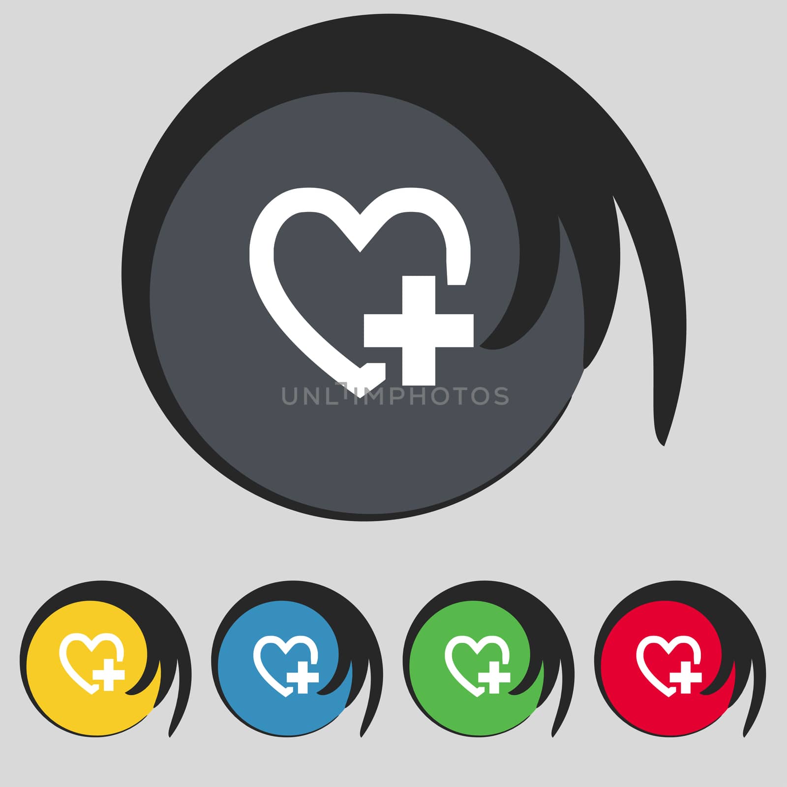 Medical heart sign icon. Cross symbol. Set colourful buttons. illustration