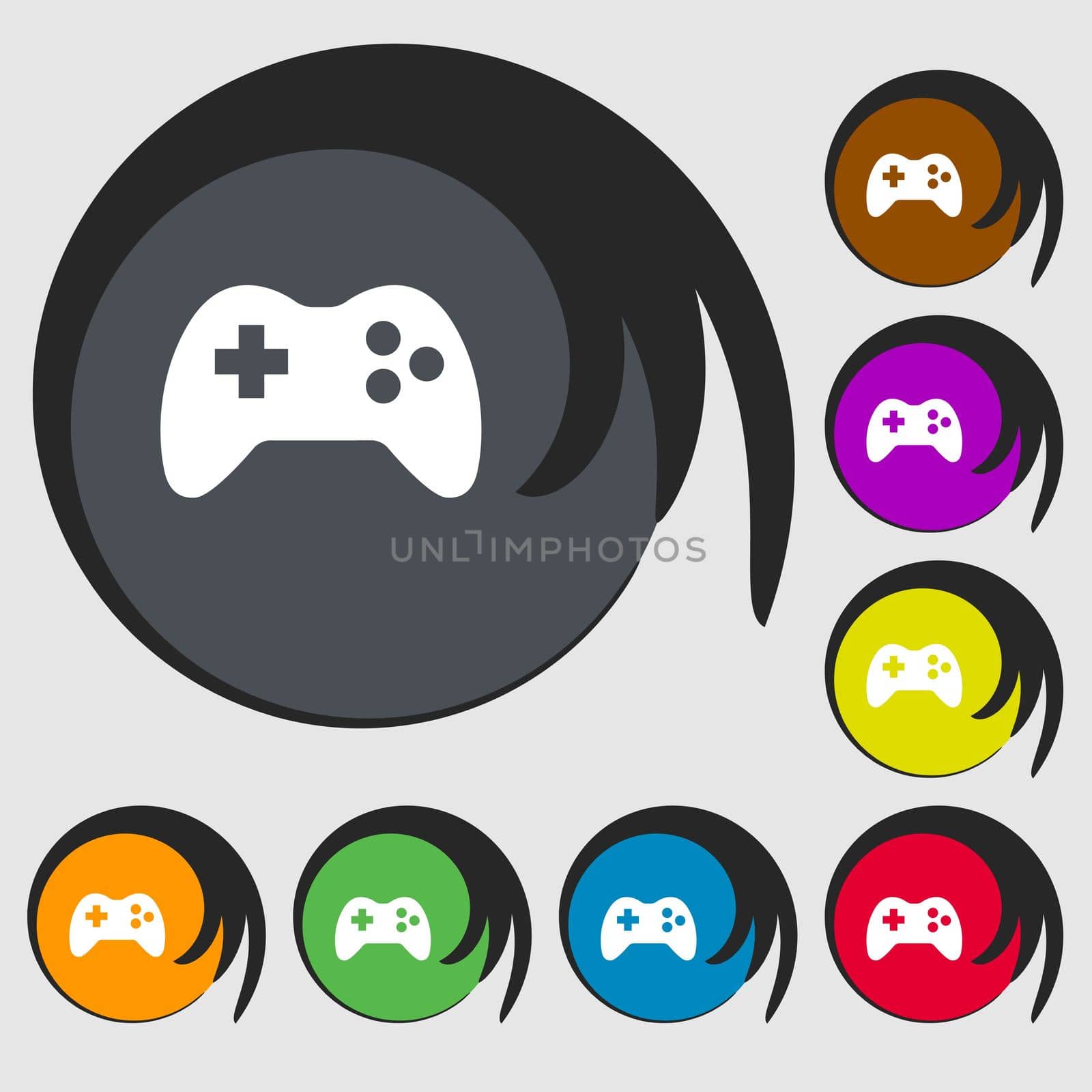 Joystick sign icon. Video game symbol. Symbols on eight colored buttons.  by serhii_lohvyniuk