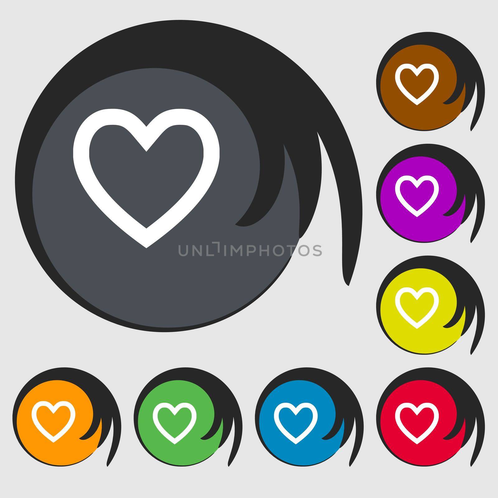 Heart sign icon. Love symbol. Symbols on eight colored buttons. illustration