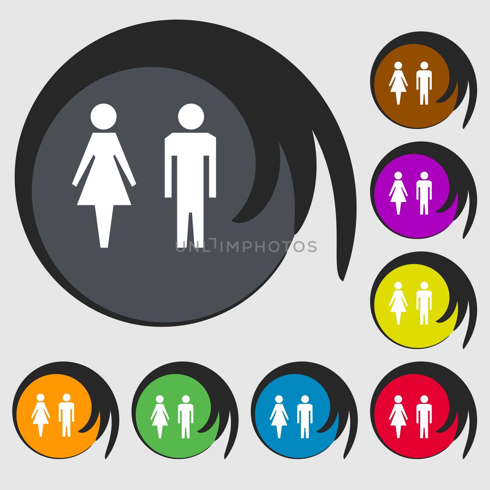 WC sign icon. Toilet symbol. Male and Female toilet. Symbols on eight colored buttons.  by serhii_lohvyniuk