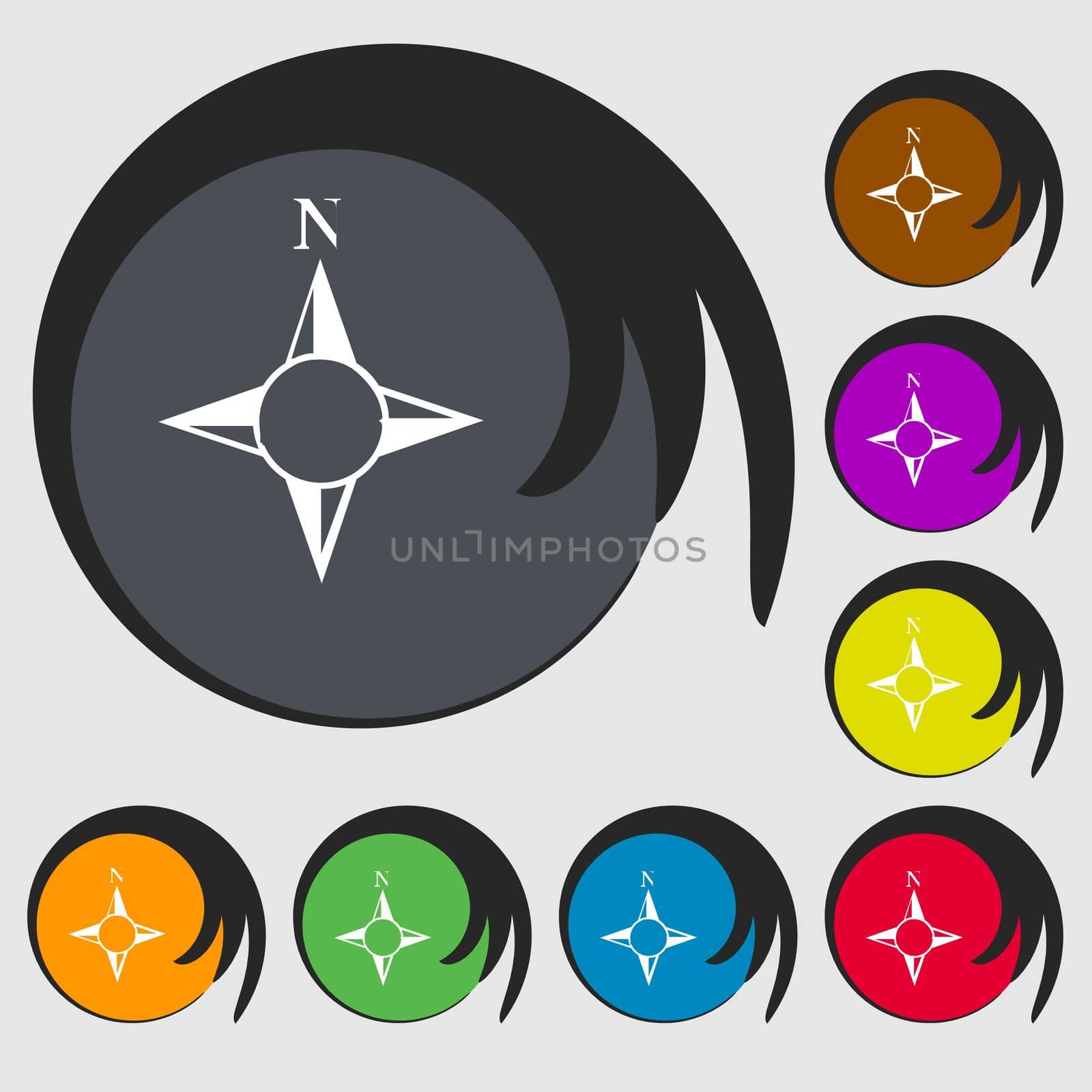 Compass sign icon. Windrose navigation symbol. Symbols on eight colored buttons. illustration