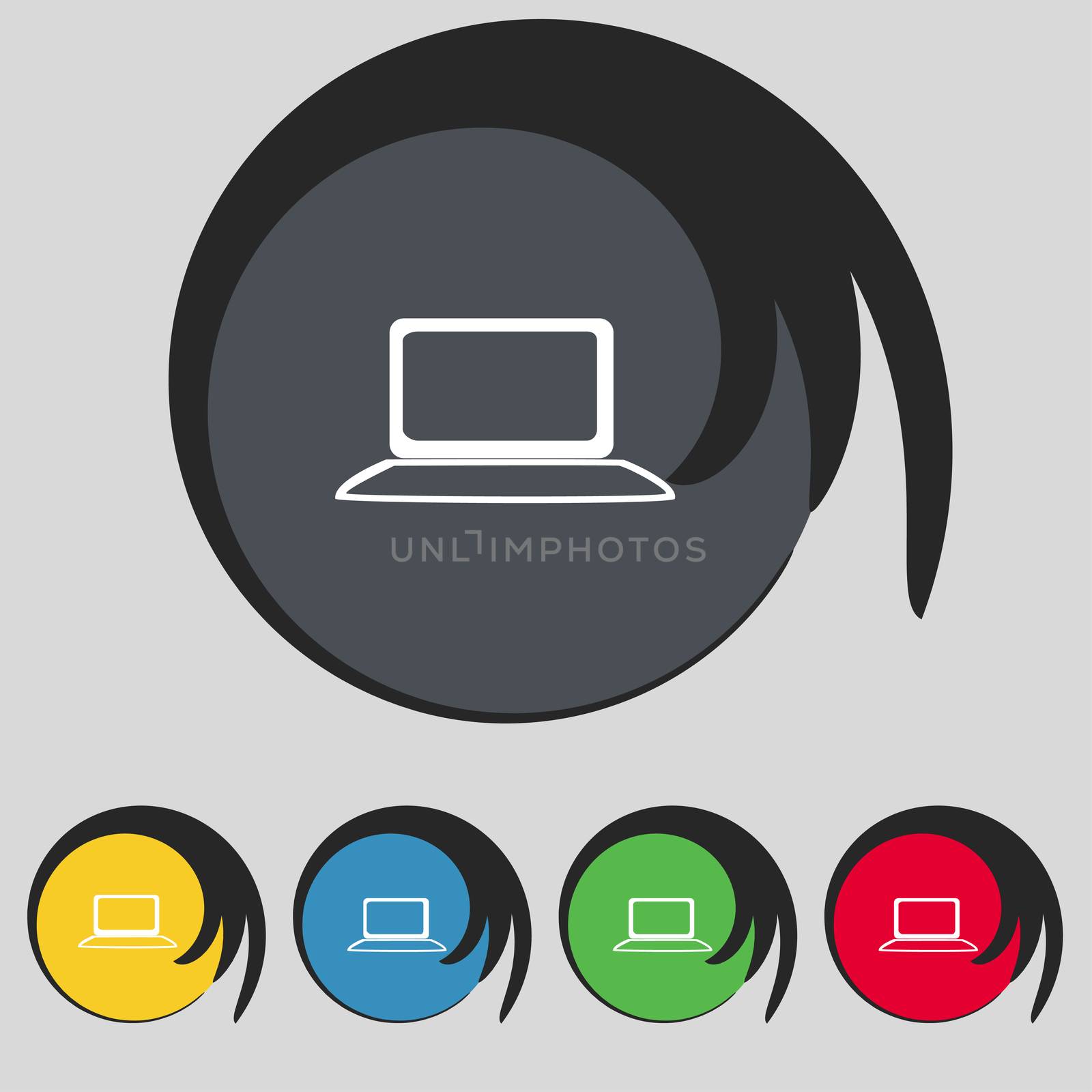 Laptop sign icon. Notebook pc with graph symbol. Monitoring. Set colourful buttons illustration