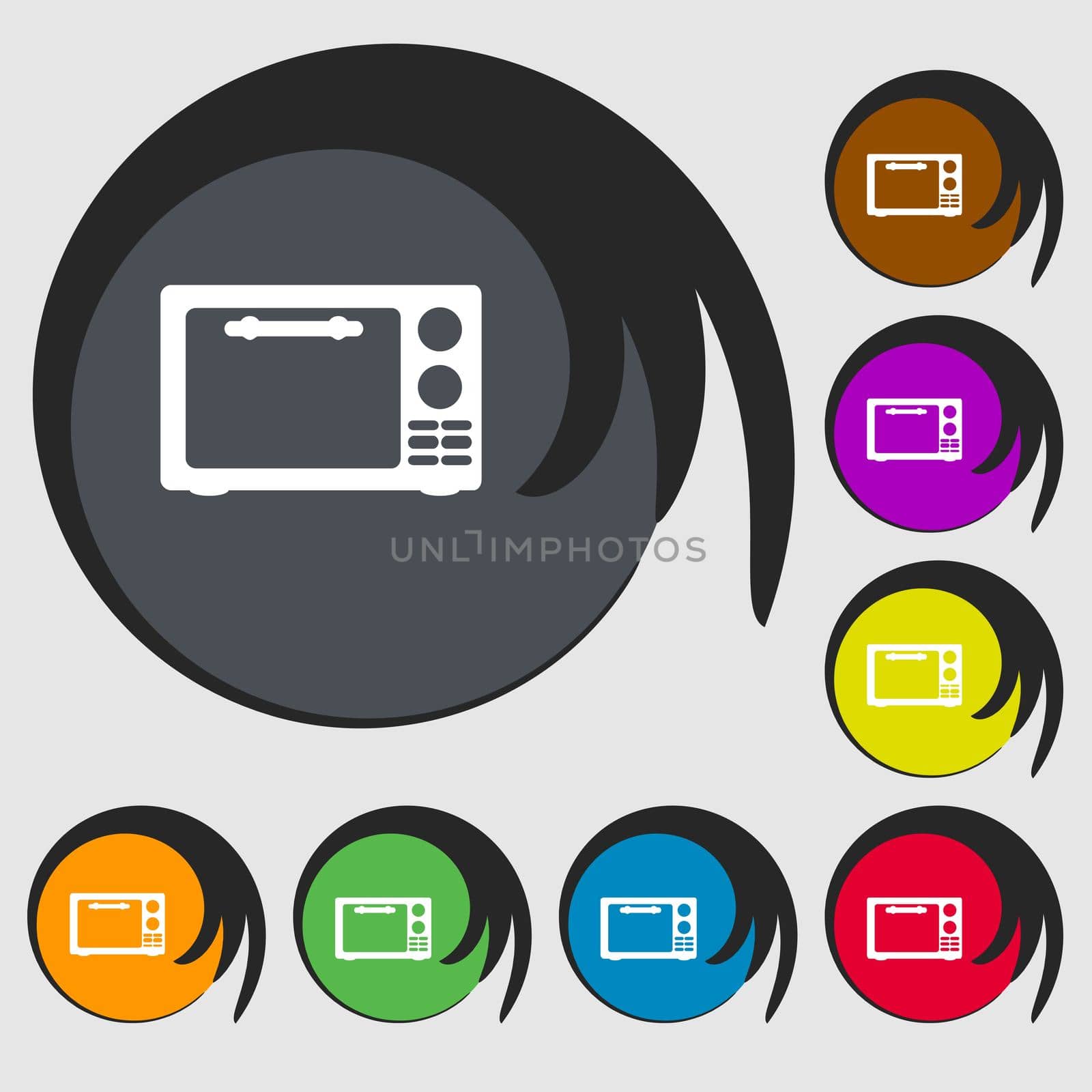 Microwave oven sign icon. Kitchen electric stove symbol. Symbols on eight colored buttons. illustration