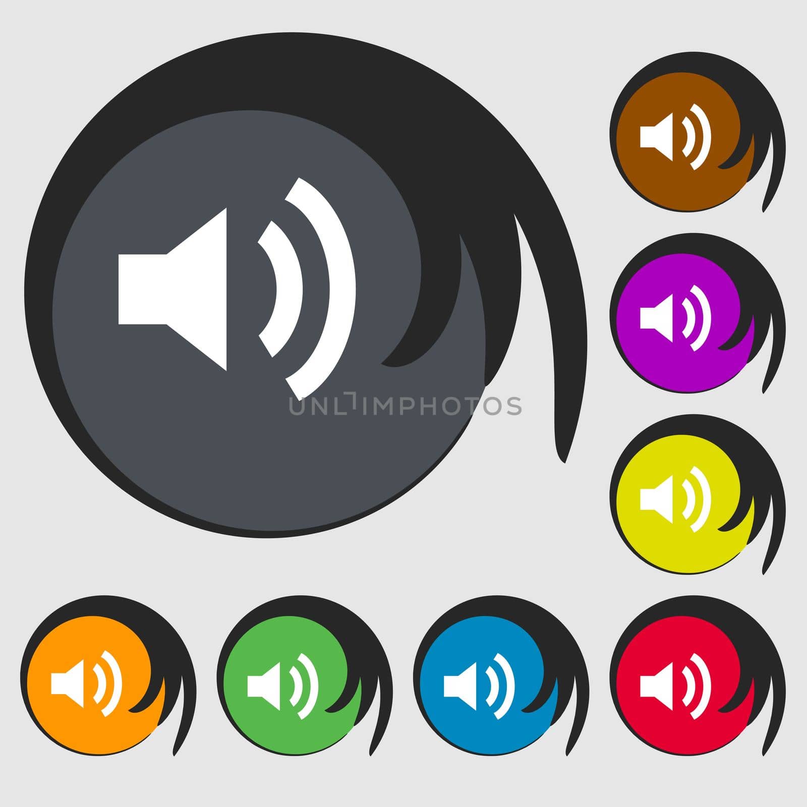 Speaker volume sign icon. Sound symbol. Symbols on eight colored buttons.  by serhii_lohvyniuk