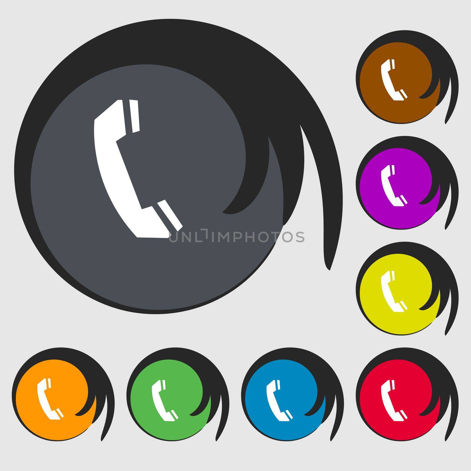 Phone sign icon. Support symbol. Call center. Symbols on eight colored buttons. illustration