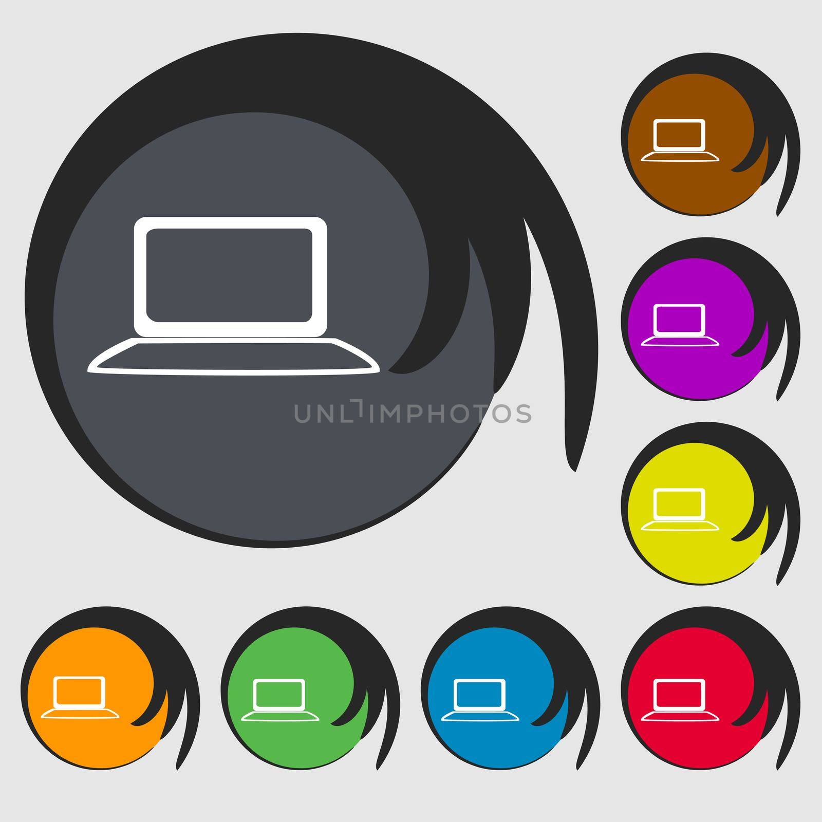 Laptop sign icon. Notebook pc with graph symbol. Monitoring. Symbols on eight colored buttons. illustration