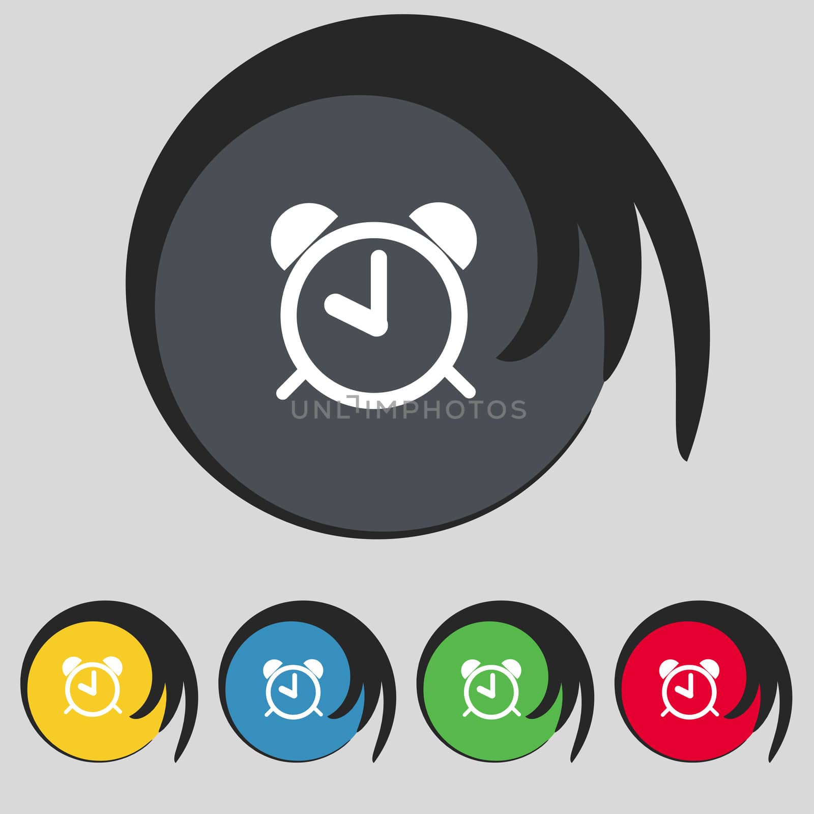 Alarm clock sign icon. Wake up alarm symbol. Set colourful buttons. illustration