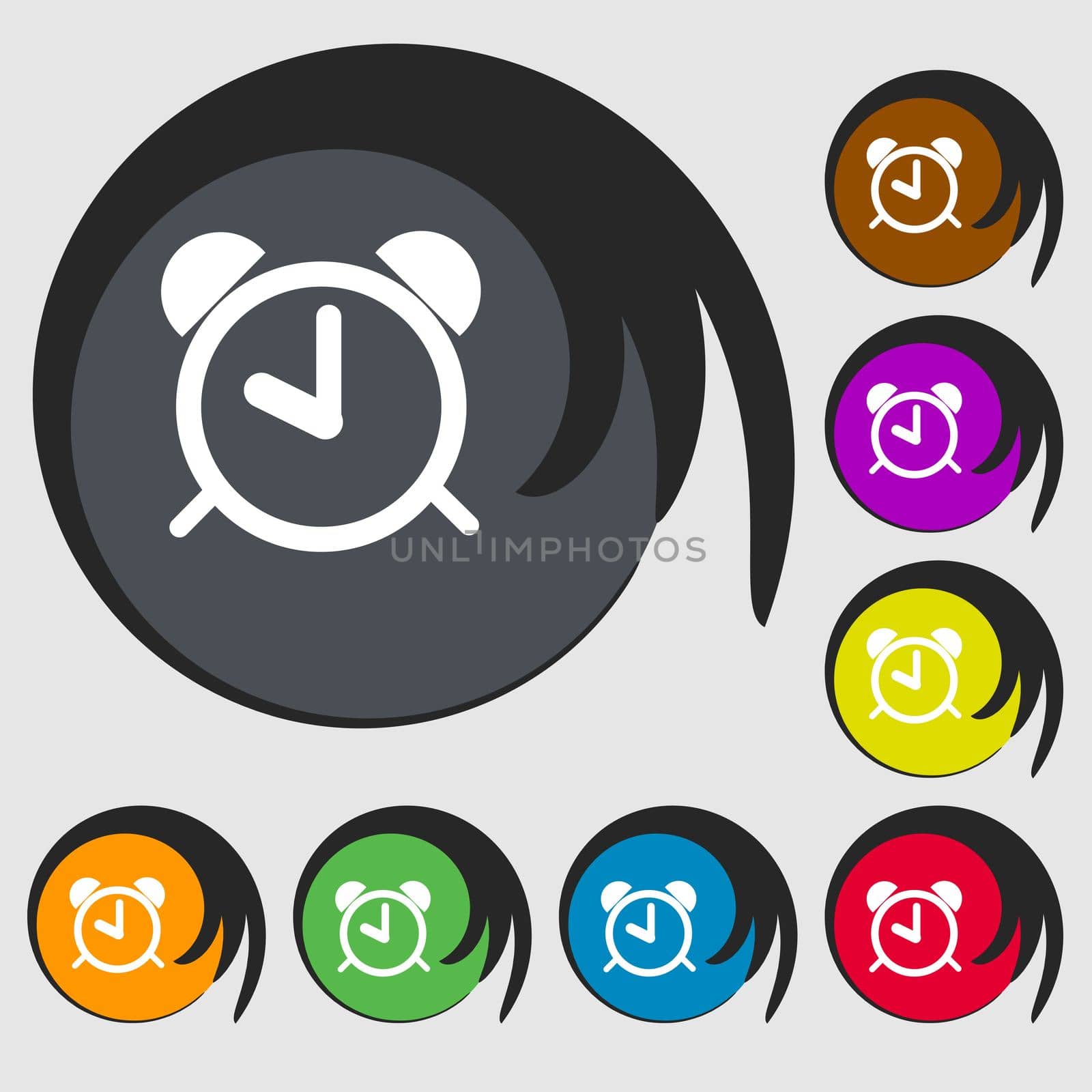 Alarm clock sign icon. Wake up alarm symbol. Symbols on eight colored buttons.  by serhii_lohvyniuk