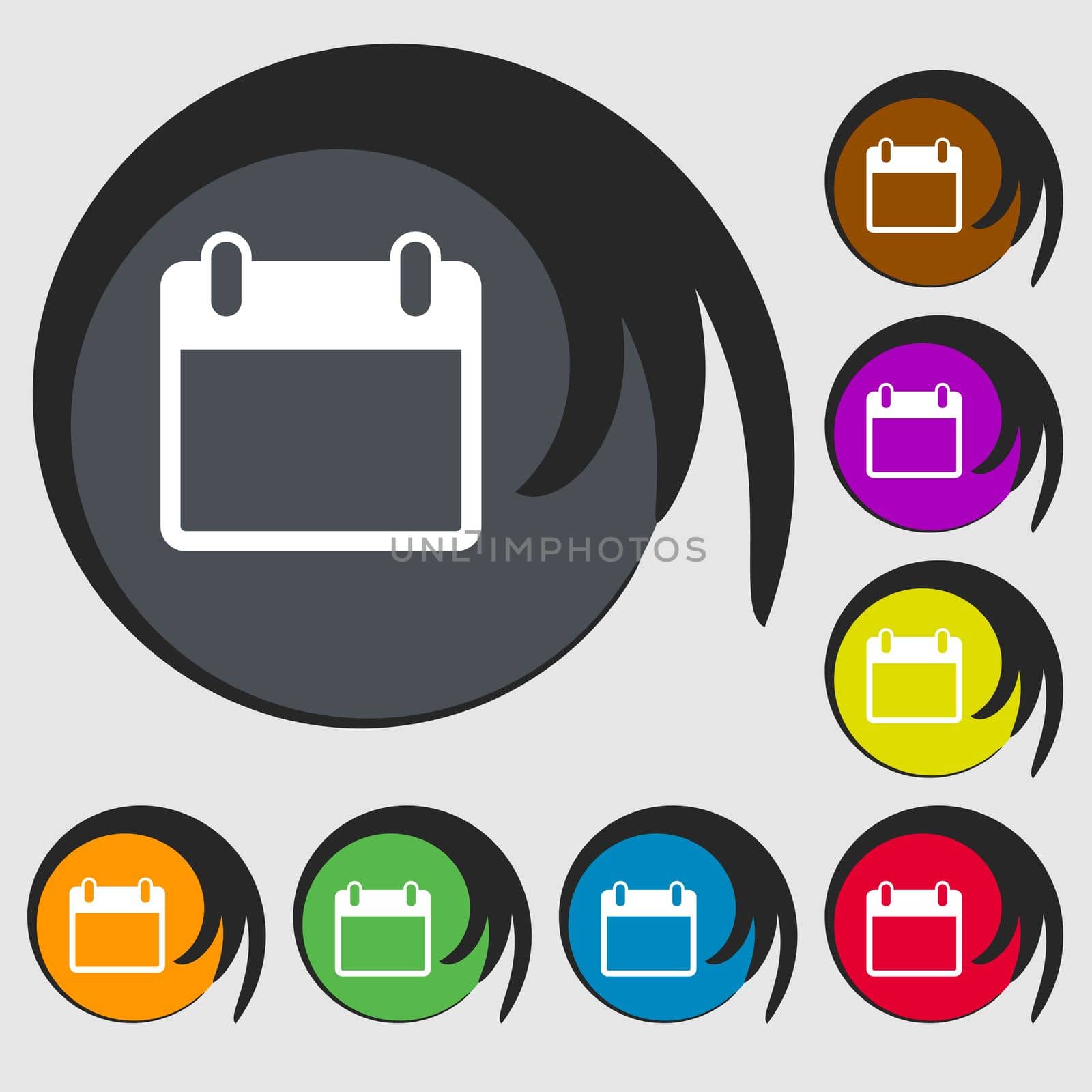 Calendar sign icon. days month symbol. Date button. Symbols on eight colored buttons. illustration