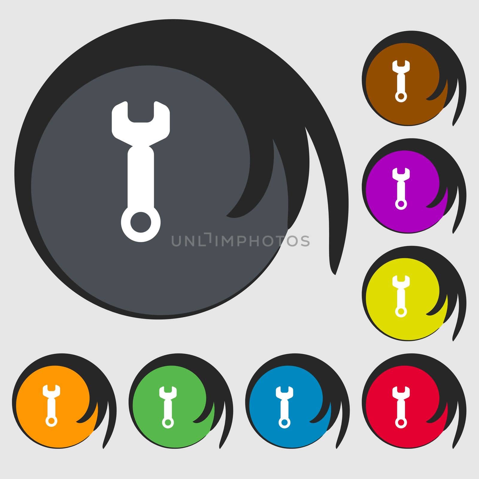 Wrench key sign icon. Service tool symbol. Symbols on eight colored buttons. illustration
