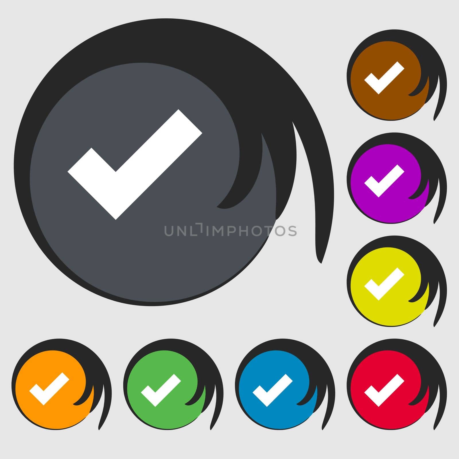 Check mark sign icon . Confirm approved symbol. Symbols on eight colored buttons.  by serhii_lohvyniuk