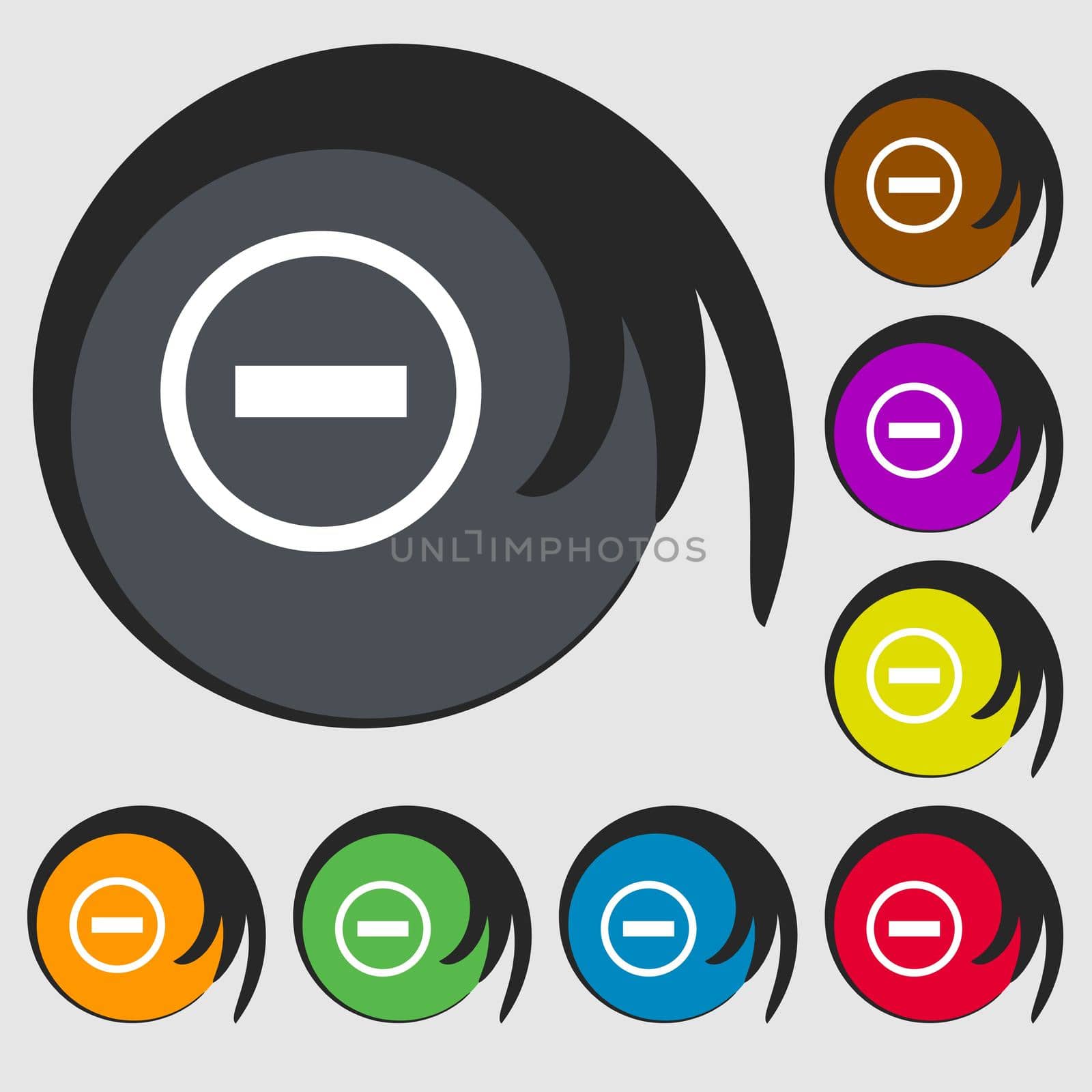 Minus sign icon. Negative symbol. Zoom out. Symbols on eight colored buttons. illustration