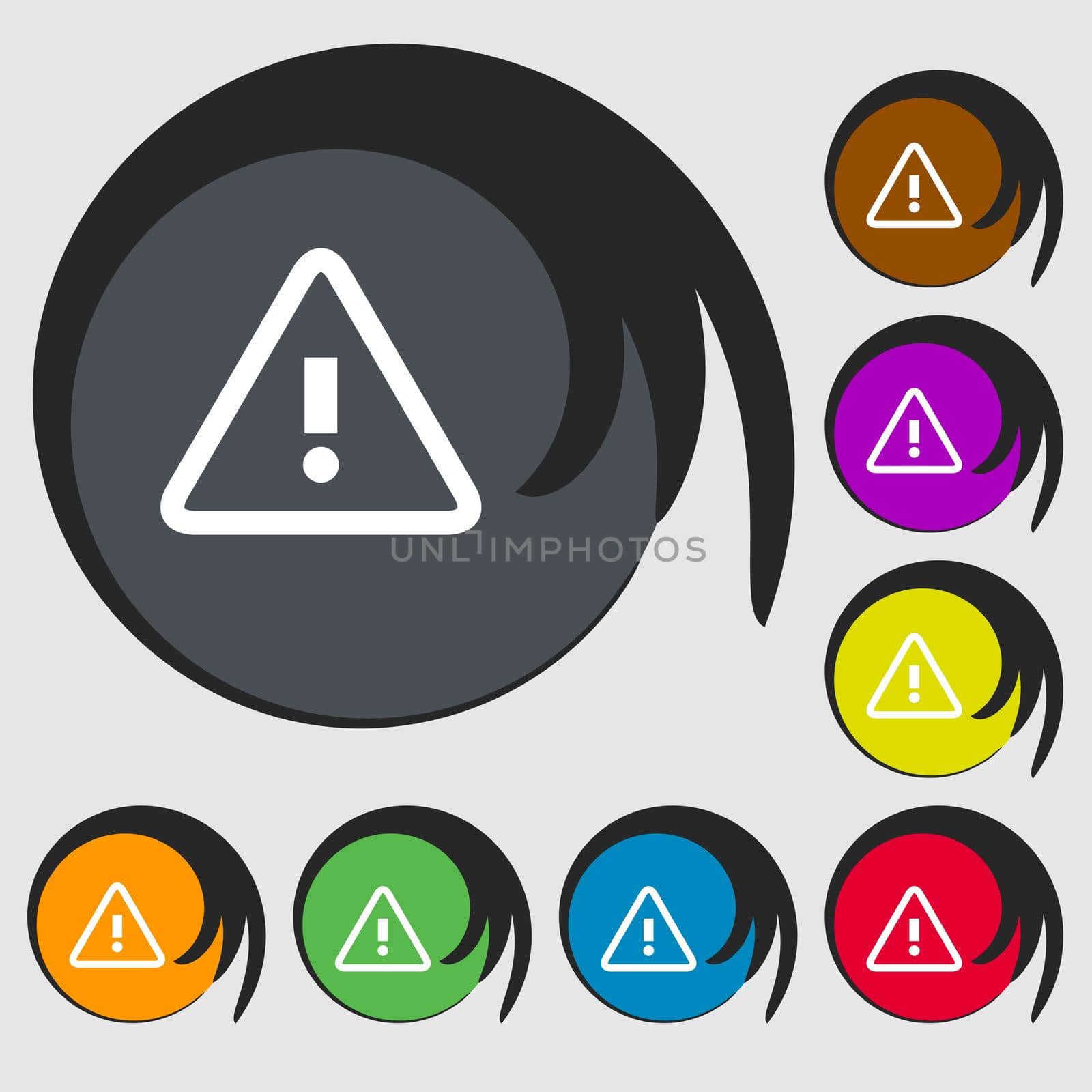 Attention caution sign icon. Exclamation mark. Hazard warning symbol. Symbols on eight colored buttons.  by serhii_lohvyniuk