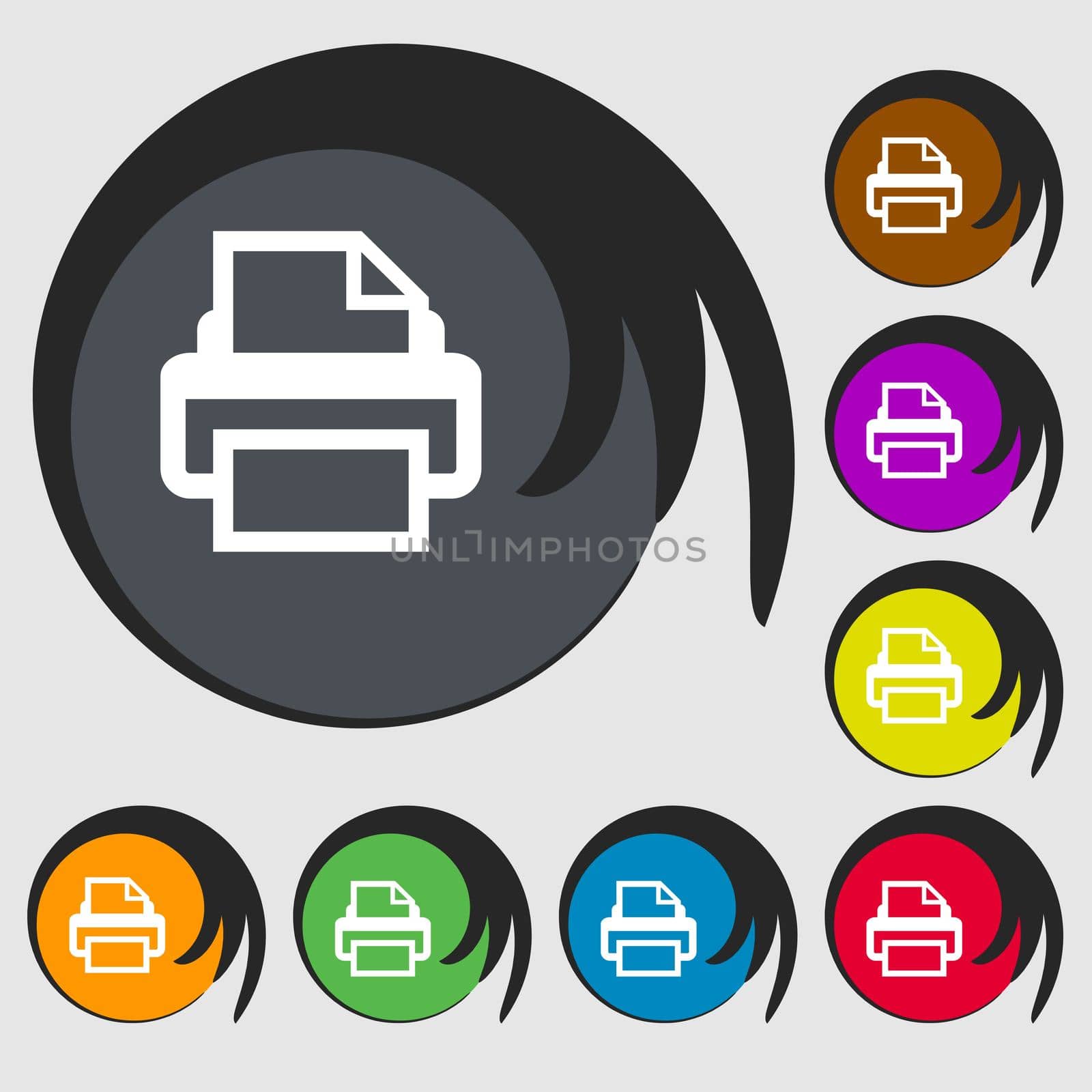 Print sign icon. Printing symbol. Symbols on eight colored buttons. illustration