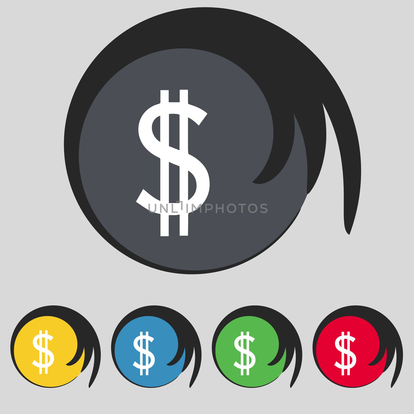 Dollars sign icon. USD currency symbol. Money label. Set of colored buttons.  by serhii_lohvyniuk