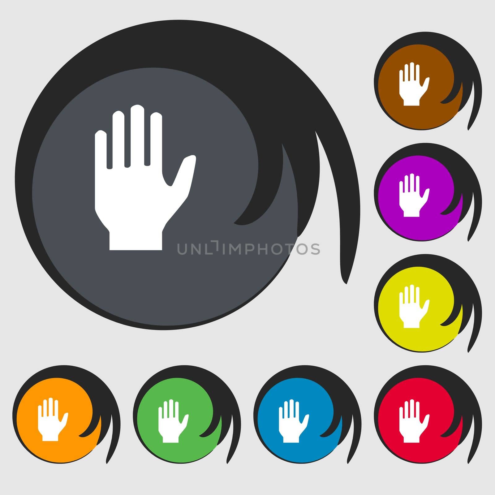 Hand print sign icon. Stop symbol. Symbols on eight colored buttons.  by serhii_lohvyniuk