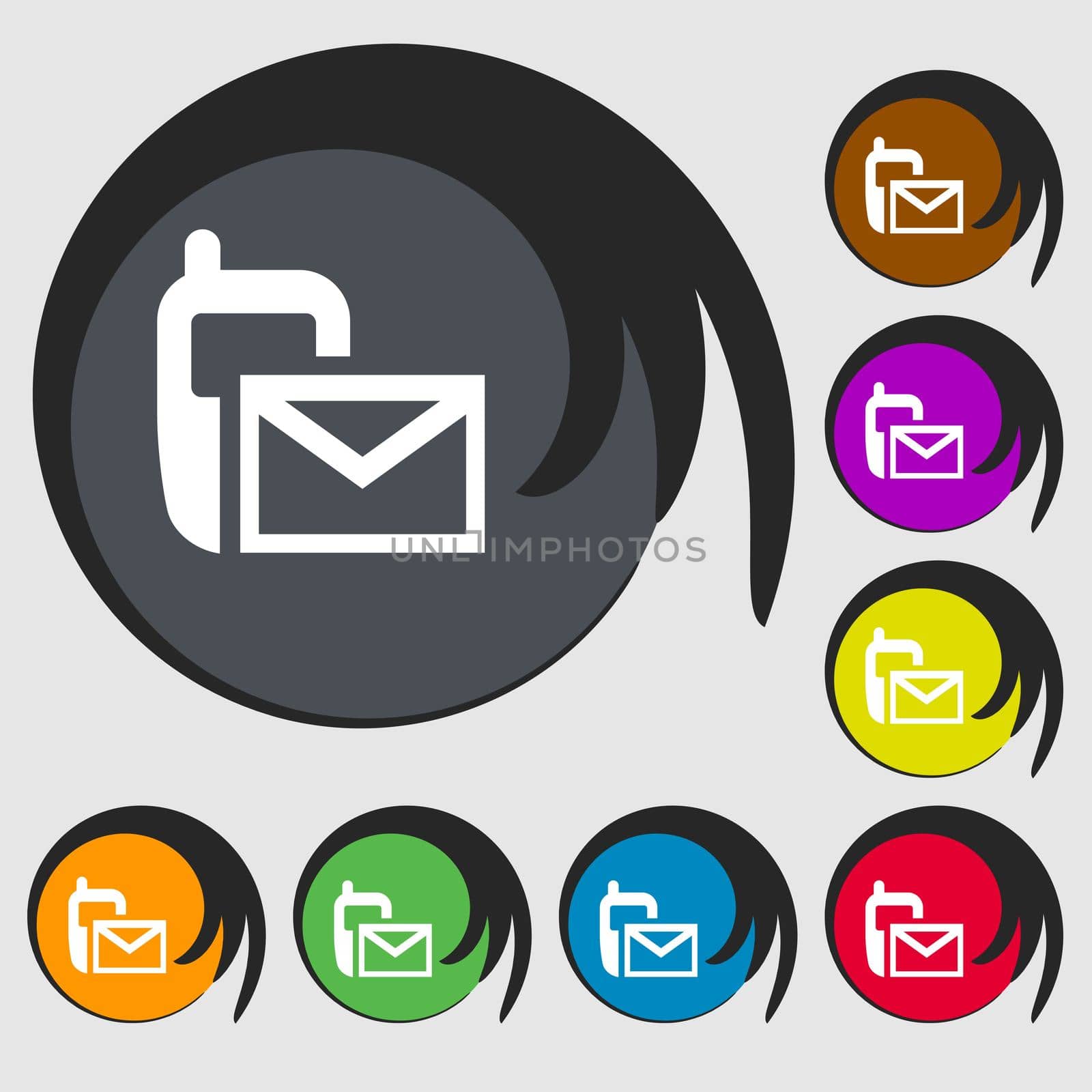 Mail icon. Envelope symbol. Message sms sign. Symbols on eight colored buttons. illustration