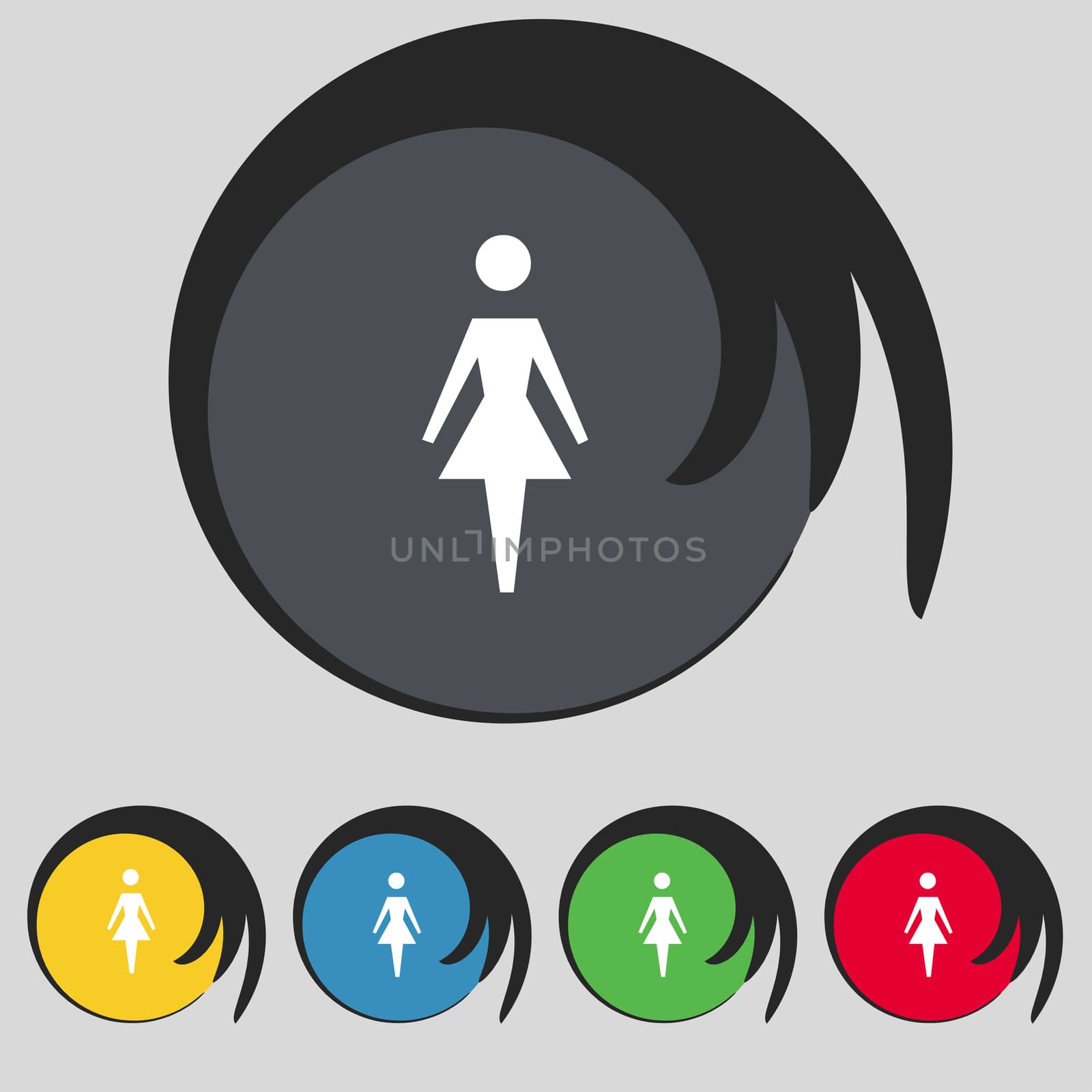 Female sign icon. Woman human symbol. Women toilet. Set colour buttons illustration
