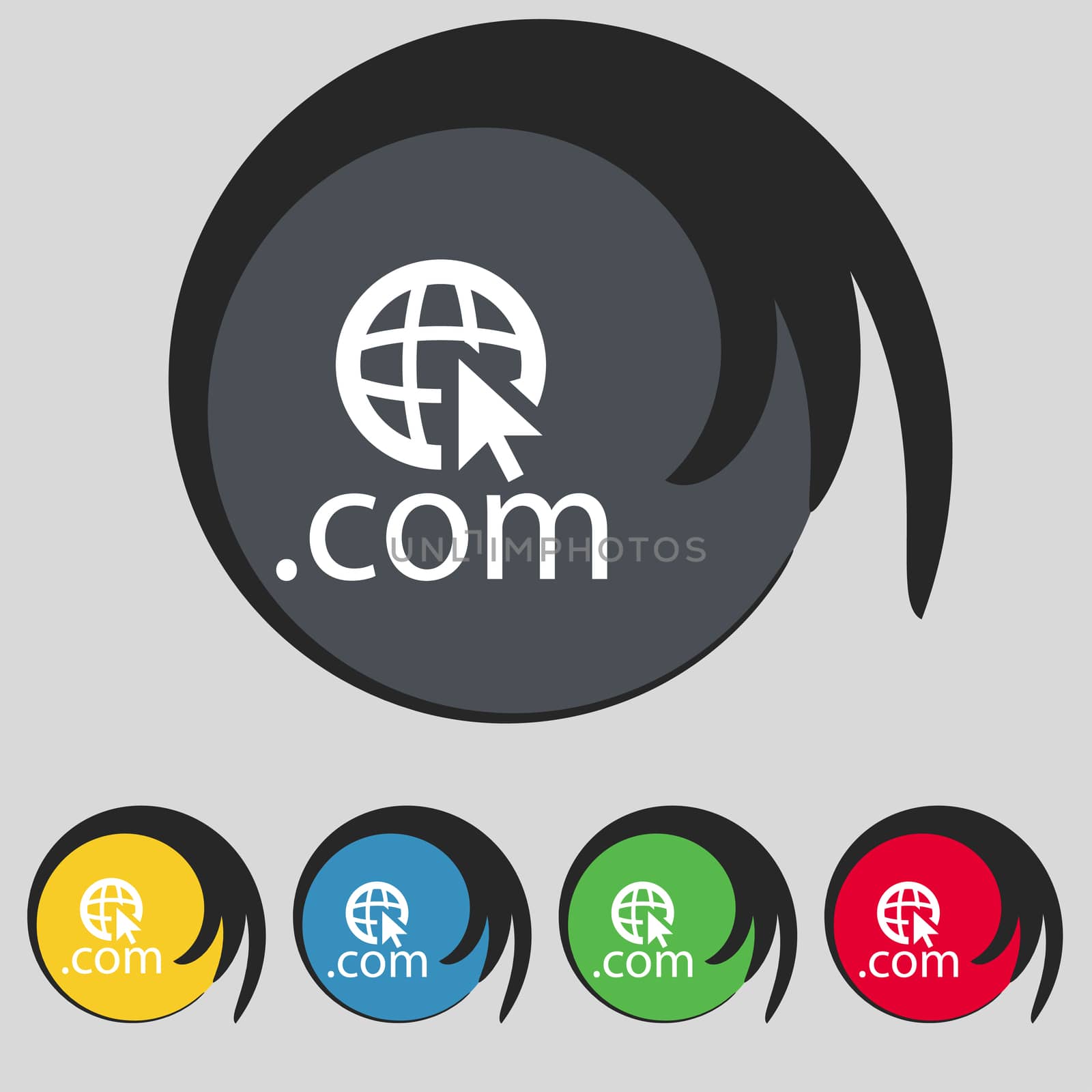 Domain COM sign icon. Top-level internet domain symbol.Set of colored buttons.  by serhii_lohvyniuk