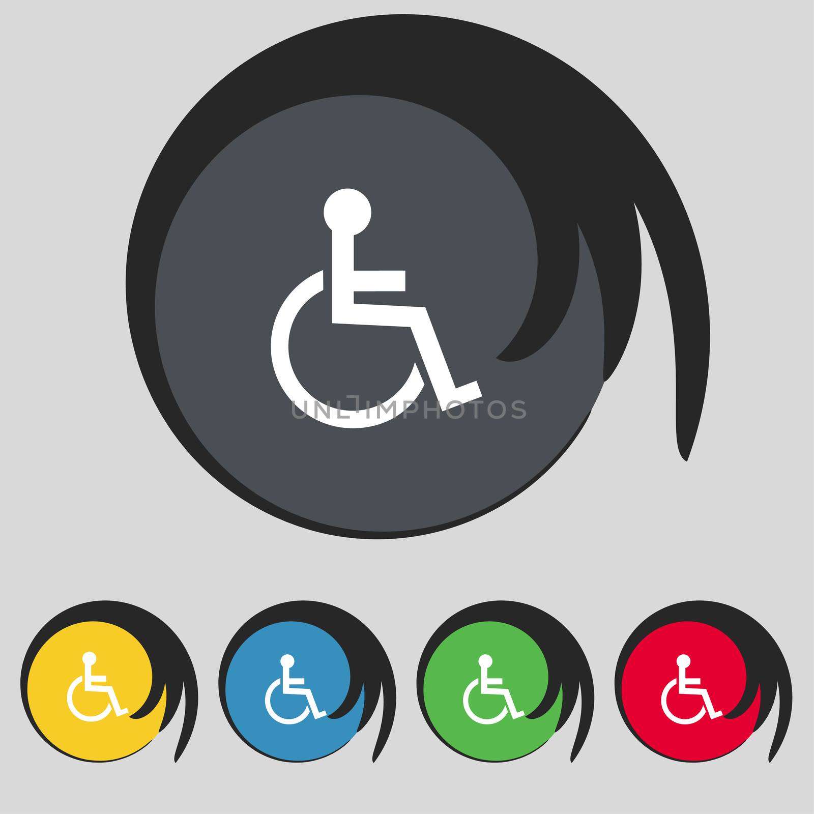 Disabled sign icon. Human on wheelchair symbol. Handicapped invalid sign. Set colourful buttons illustration