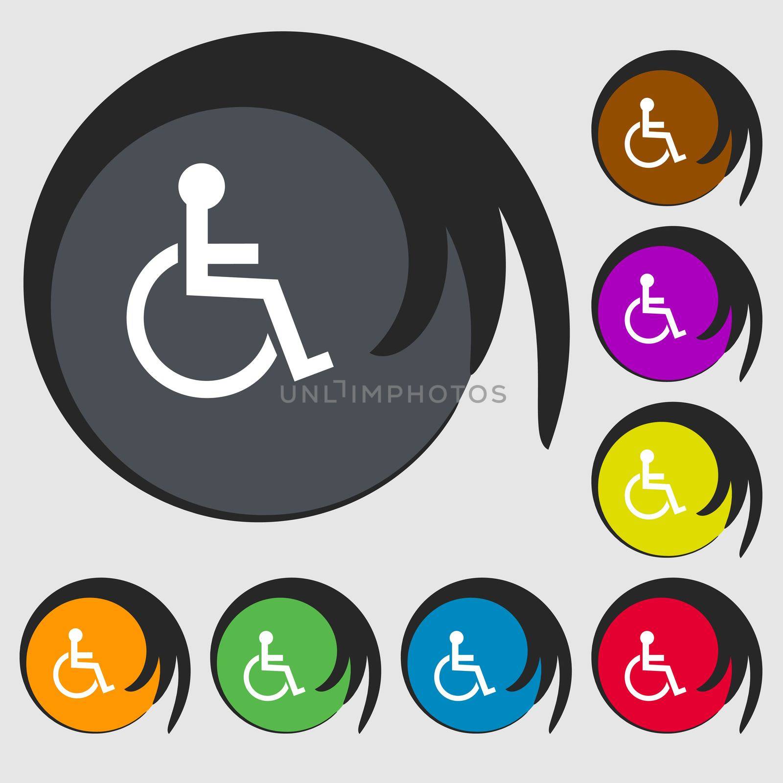 Disabled sign icon. Human on wheelchair symbol. Handicapped invalid sign. Symbols on eight colored buttons.  by serhii_lohvyniuk