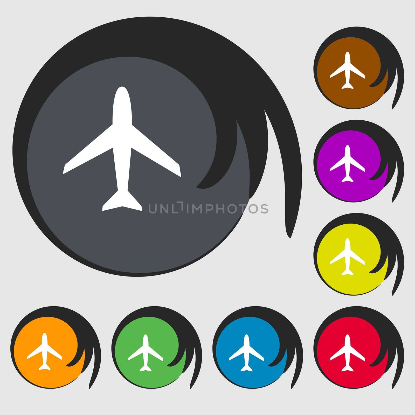Airplane sign. Plane symbol. Travel icon. Flight flat label. Symbols on eight colored buttons.  by serhii_lohvyniuk