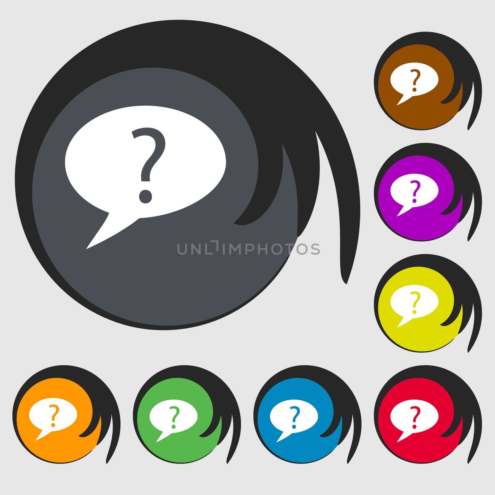 Question mark sign icon. Help speech bubble symbol. FAQ sign. Symbols on eight colored buttons. illustration