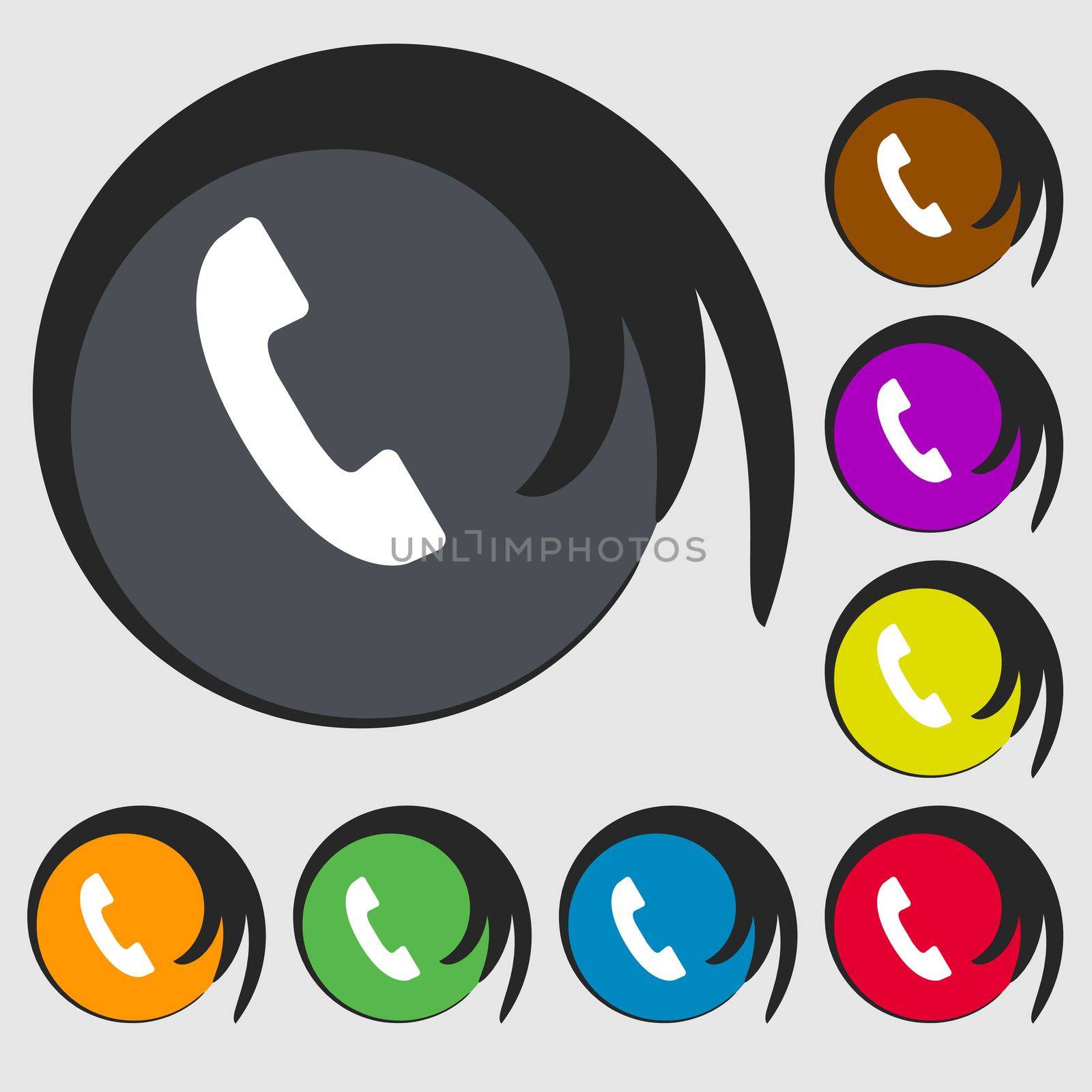 Phone sign icon. Support symbol. Call center. Symbols on eight colored buttons. illustration