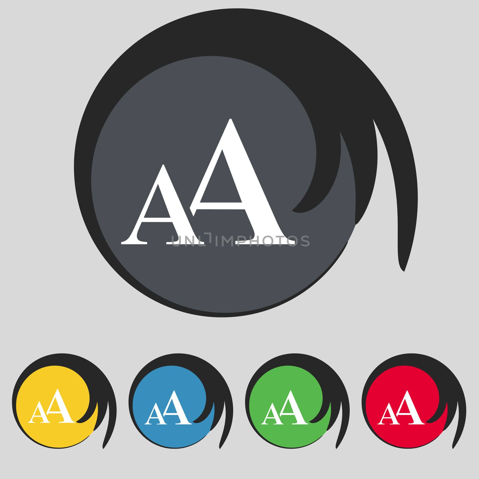 Enlarge font, AA icon sign. Symbol on five colored buttons. illustration
