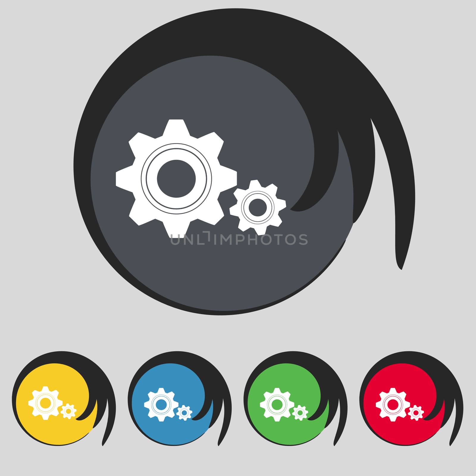 Cog settings sign icon. Cogwheel gear mechanism symbol. Set colourful buttons. illustration